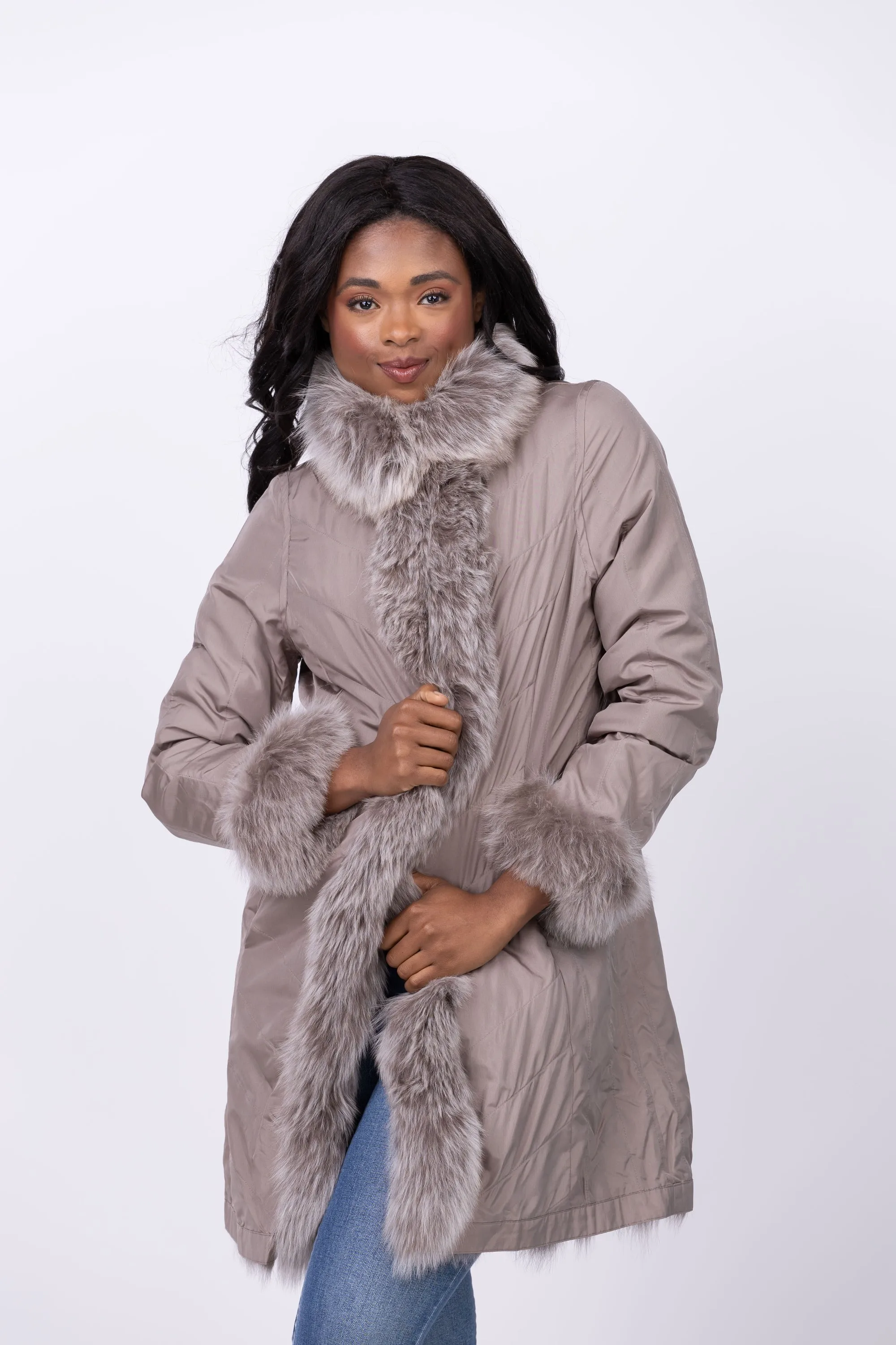 Linda Richards 35” Genuine Fox Fur Reversible Coat in Stone