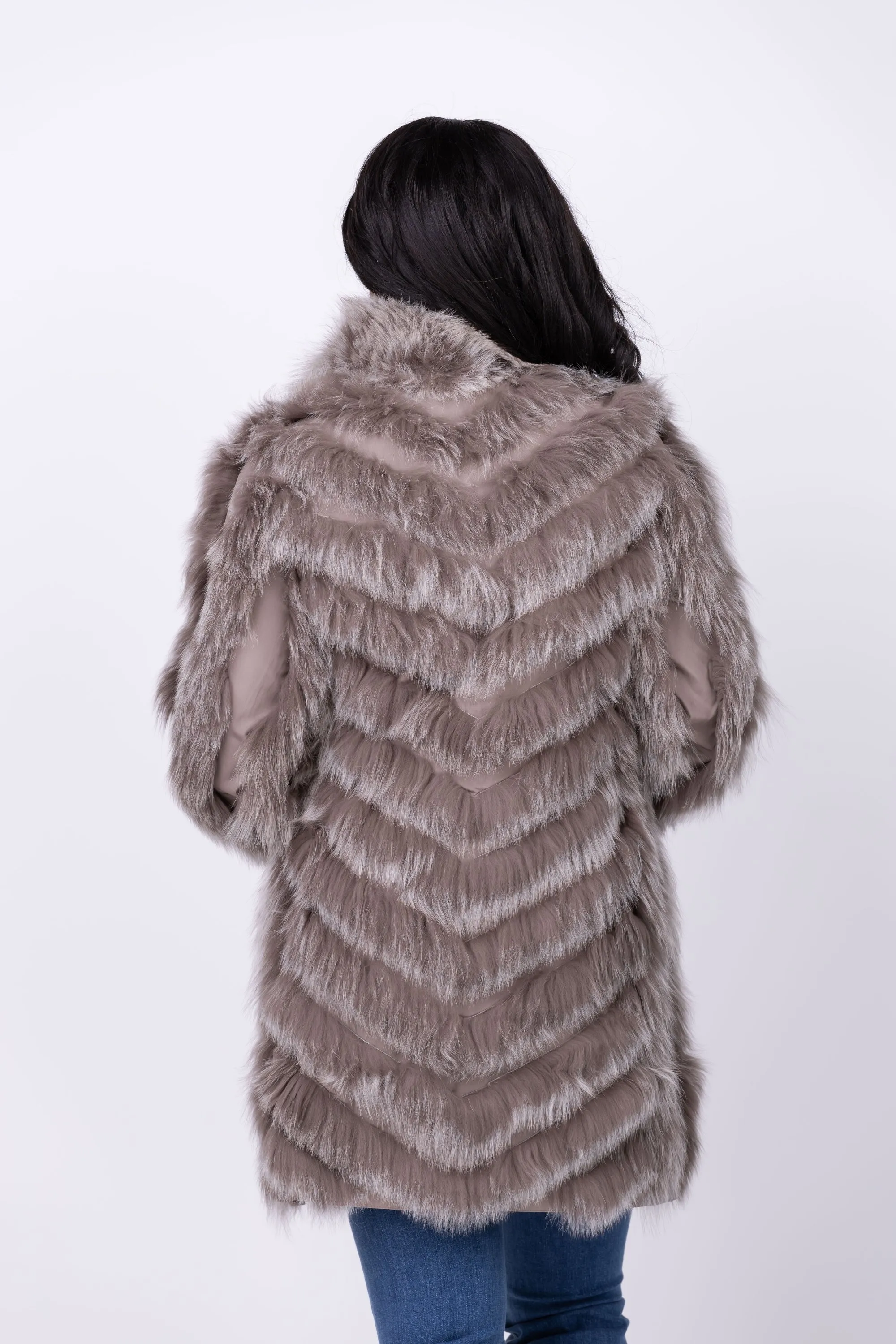 Linda Richards 35” Genuine Fox Fur Reversible Coat in Stone