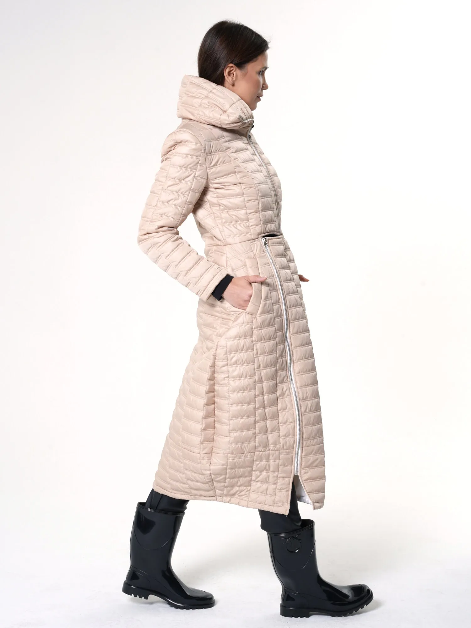 Long Quilted Coat In Beige