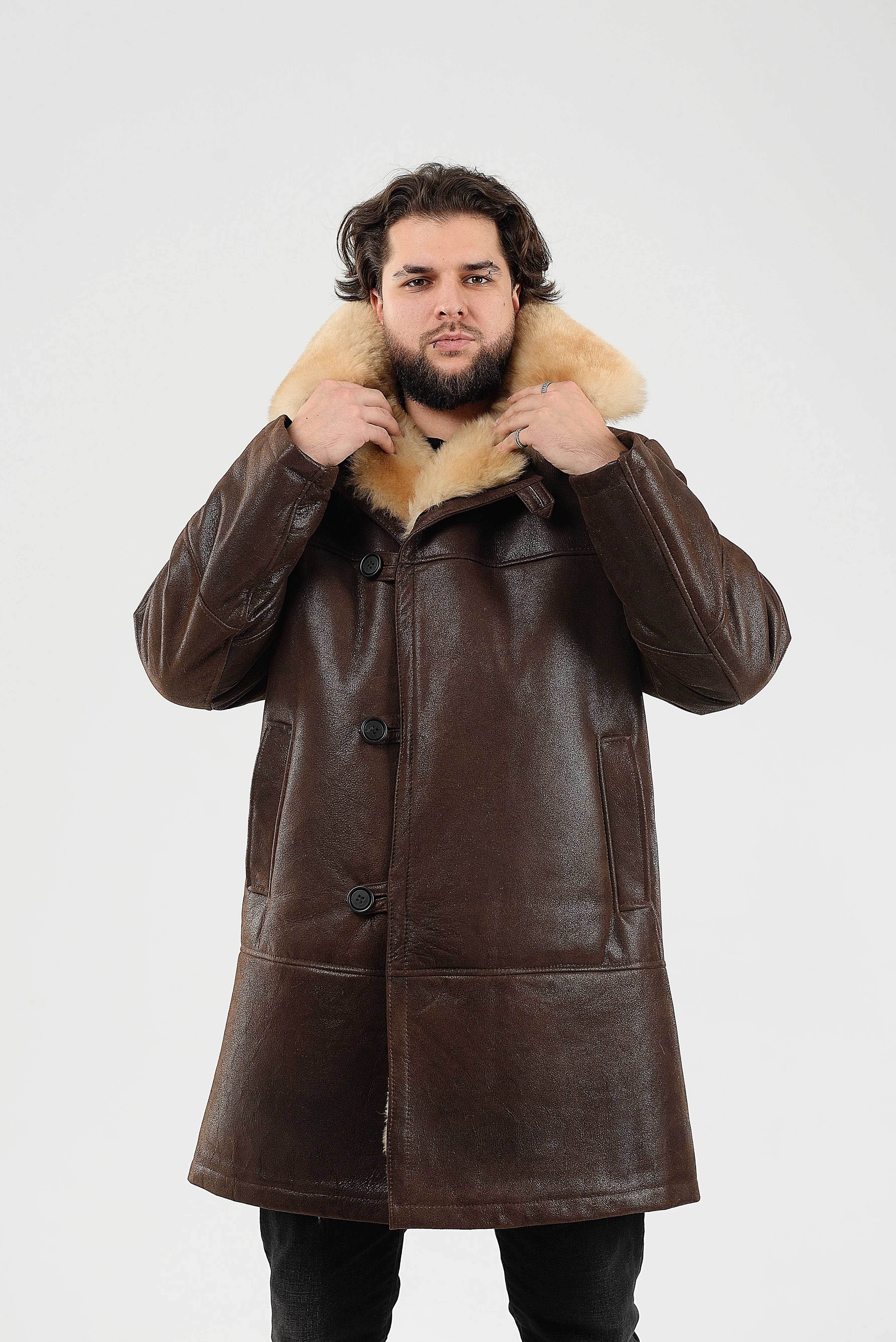 Mens Long Shearling Sheepskin Coat in Brown Color with Wide Fur Collar