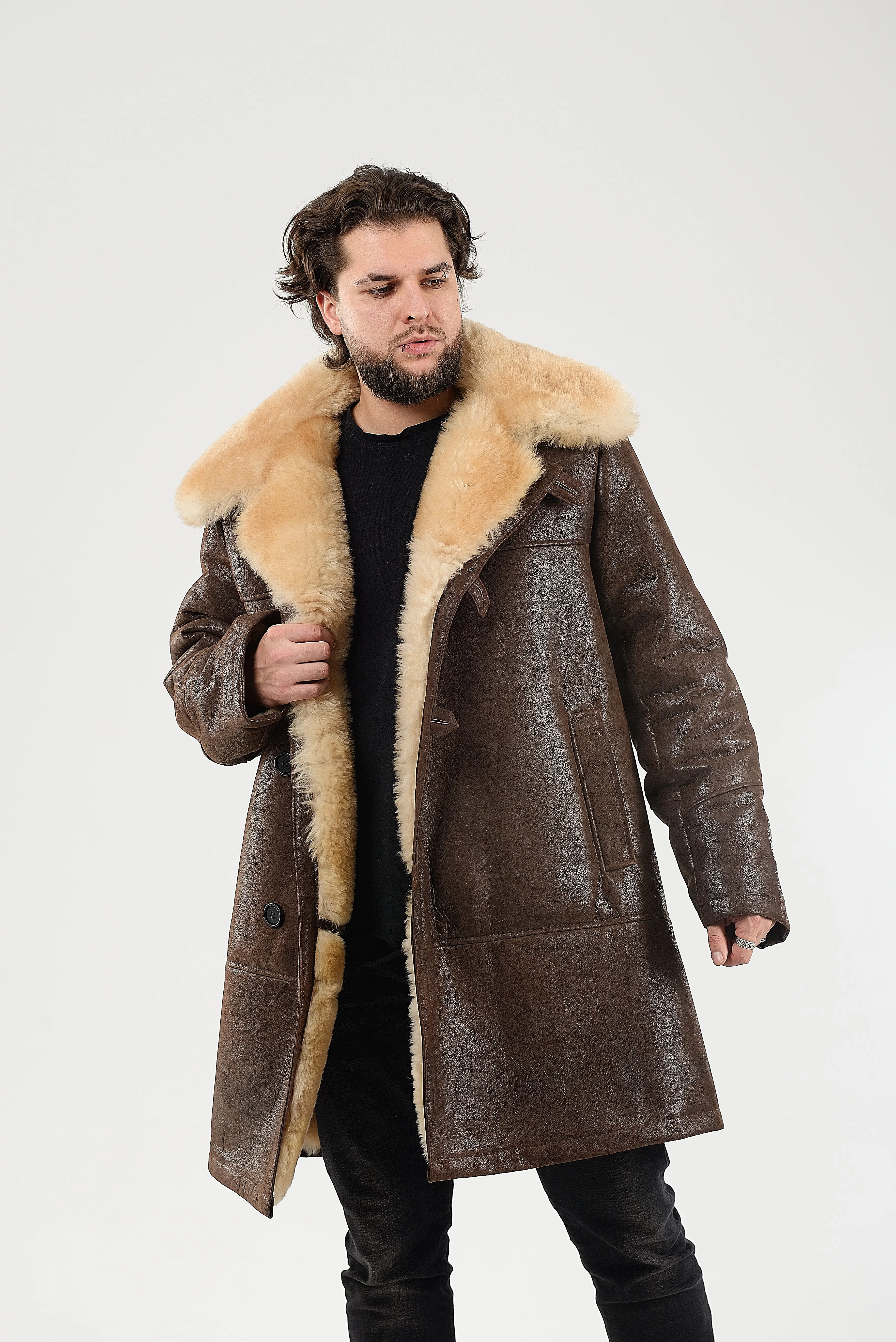 Mens Long Shearling Sheepskin Coat in Brown Color with Wide Fur Collar