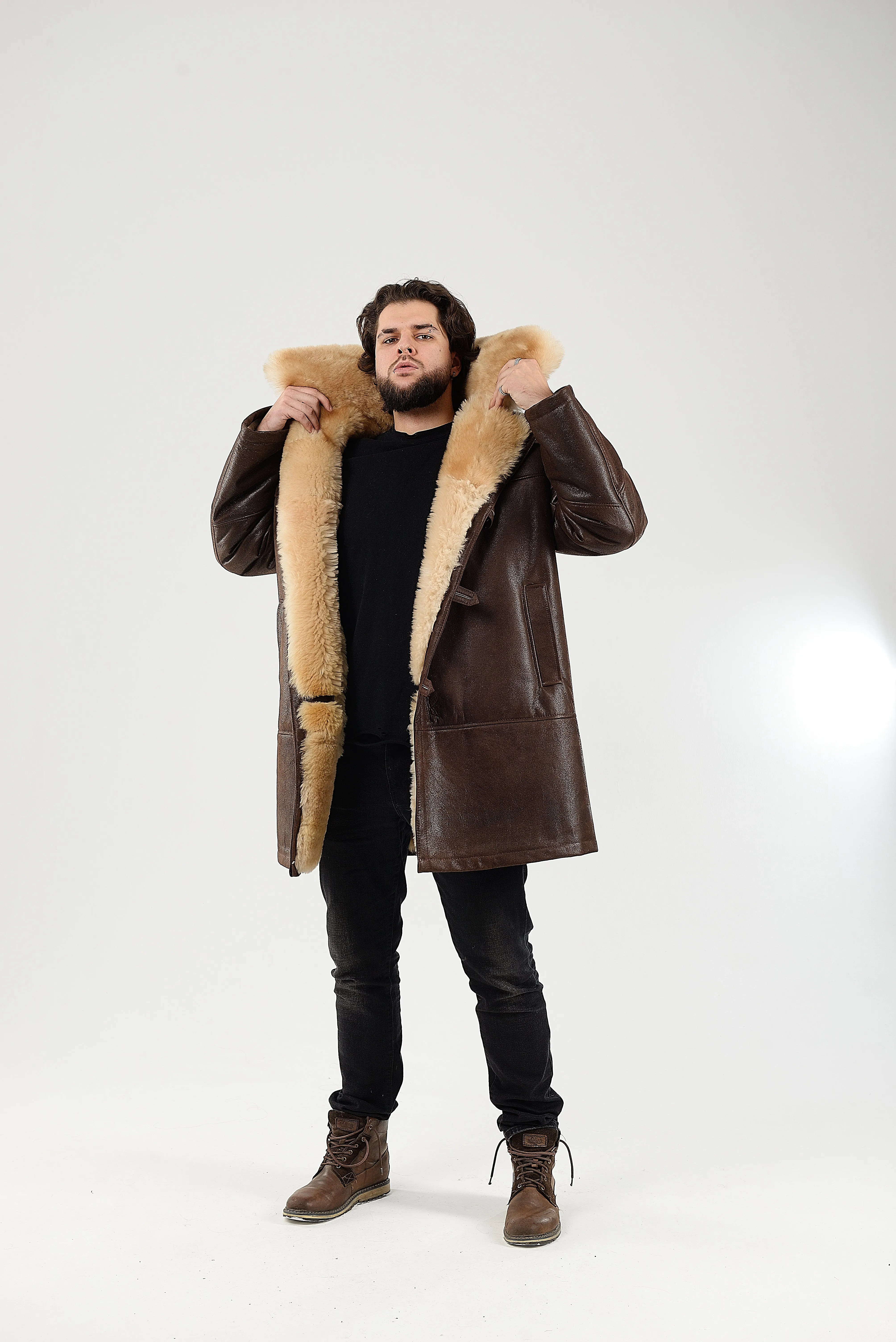 Mens Long Shearling Sheepskin Coat in Brown Color with Wide Fur Collar