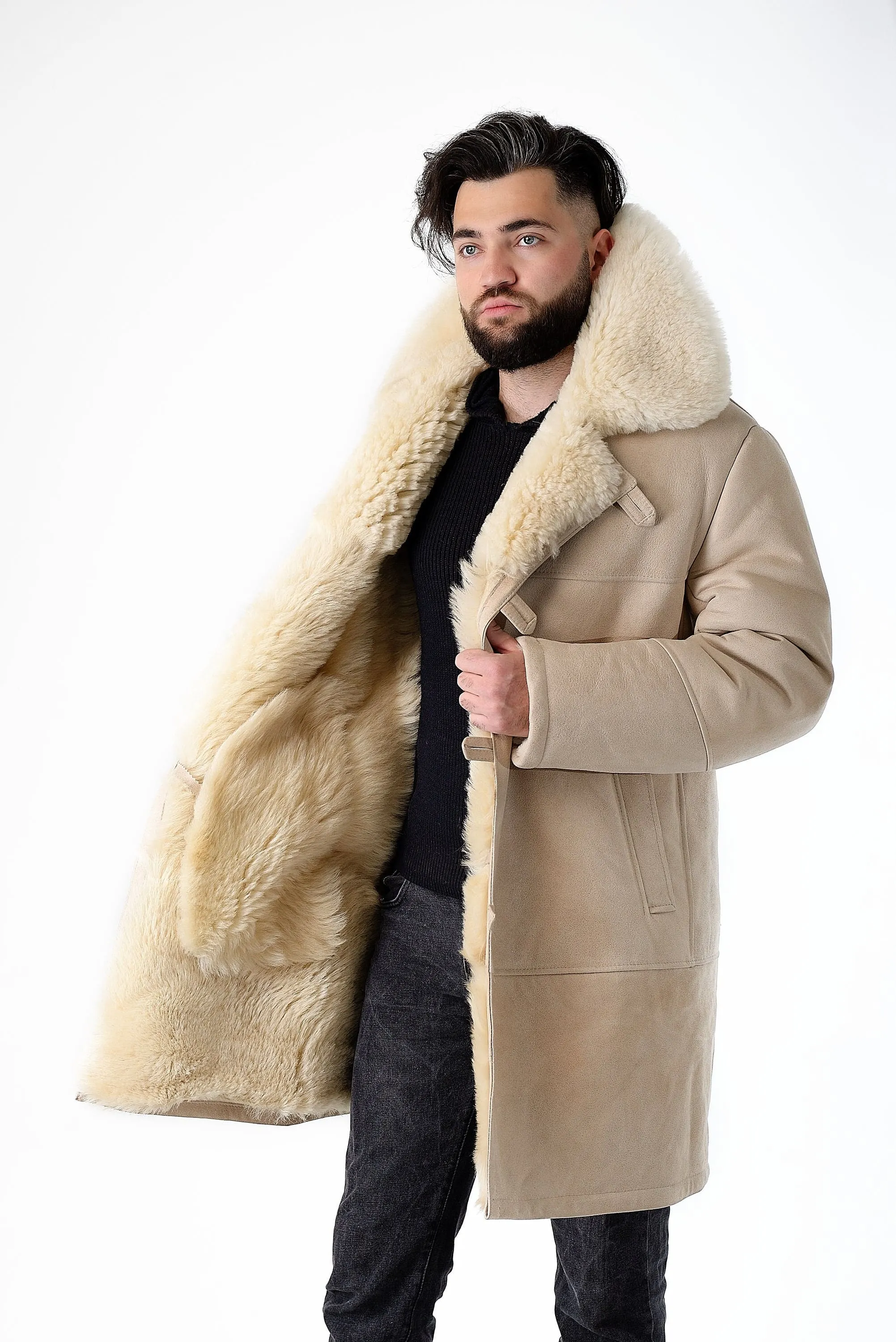 Mens Long Traditional Sheepskin Trench Coat in White Color with Wide Fur Collar