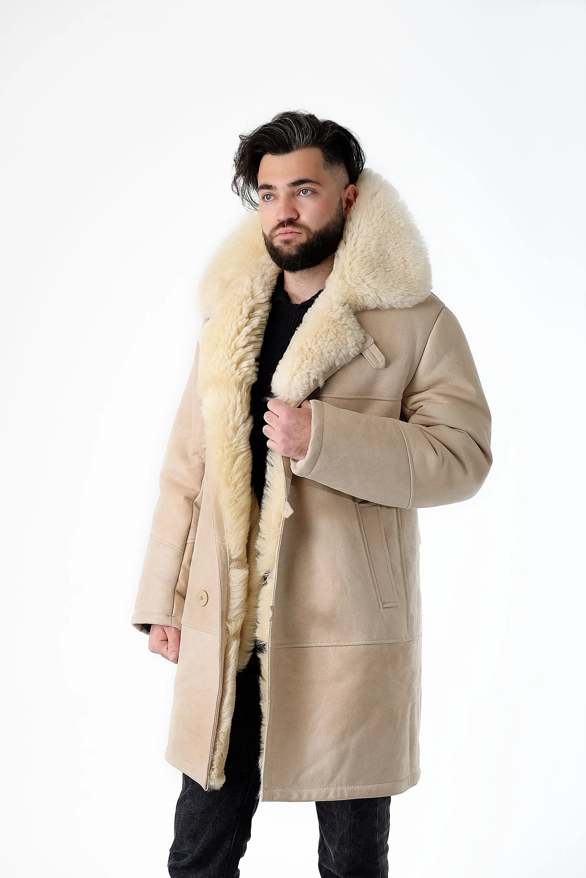 Mens Long Traditional Sheepskin Trench Coat in White Color with Wide Fur Collar