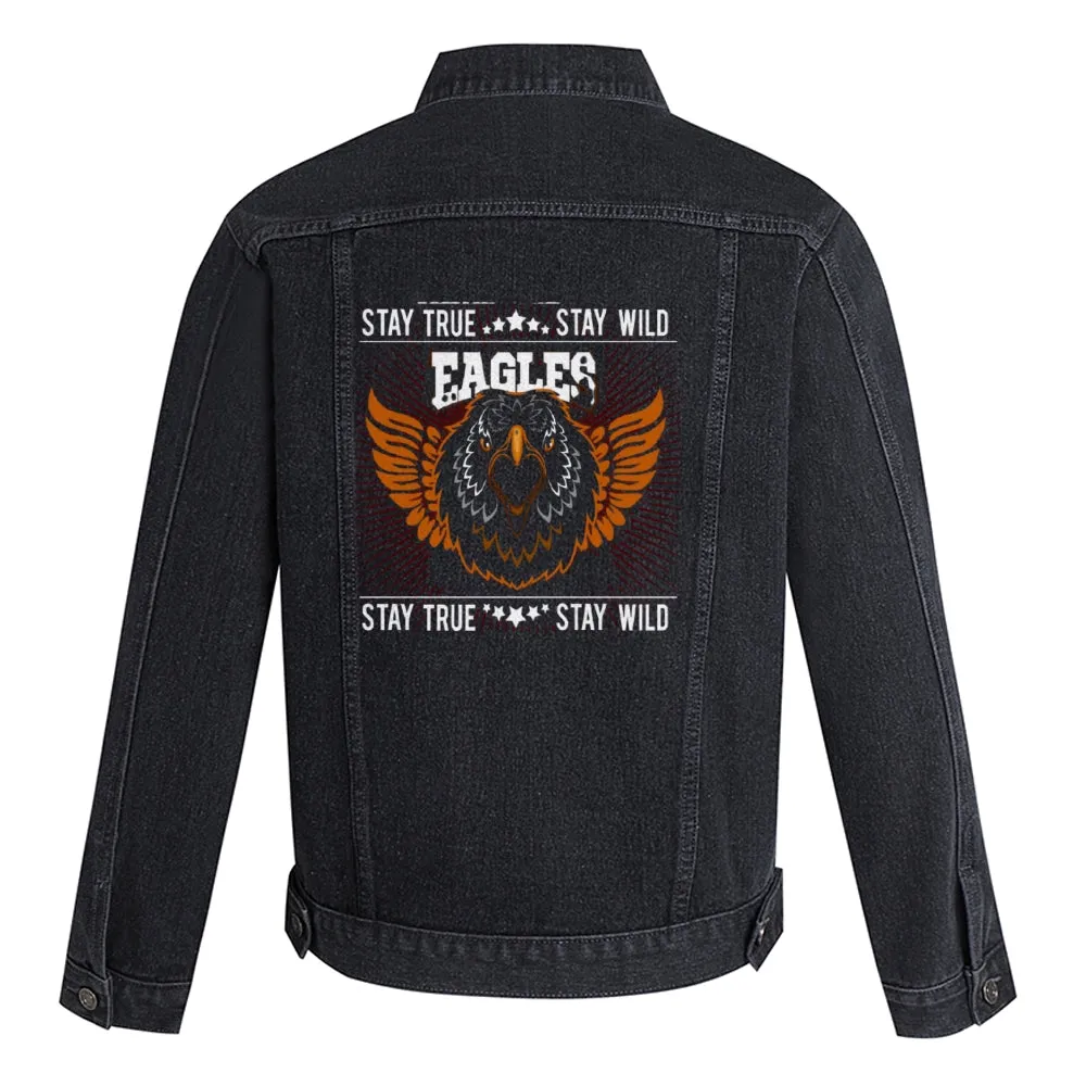 Mens Vintage Cartoon Prints STAY TRUE STAY WILD EAGLES Denim Jacket