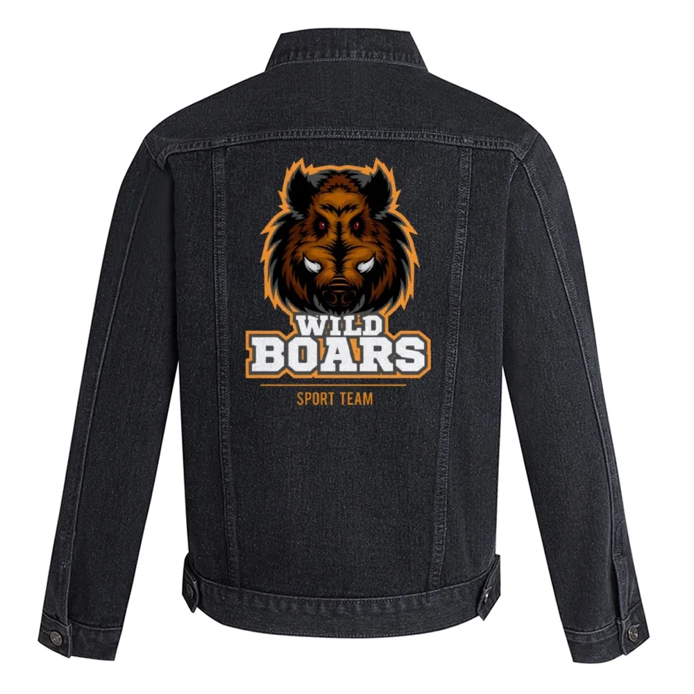 Mens Vintage Cartoon Prints WILD BOARS SPORT TEAM Denim Jacket