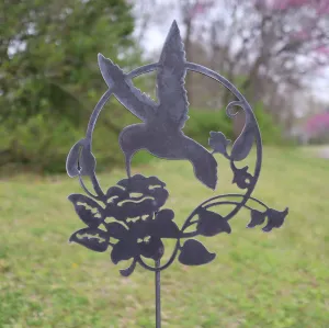 Metal Hummingbird and Flower Garden Stake - Steel Gardening Decor - Bird Yard Art Marker