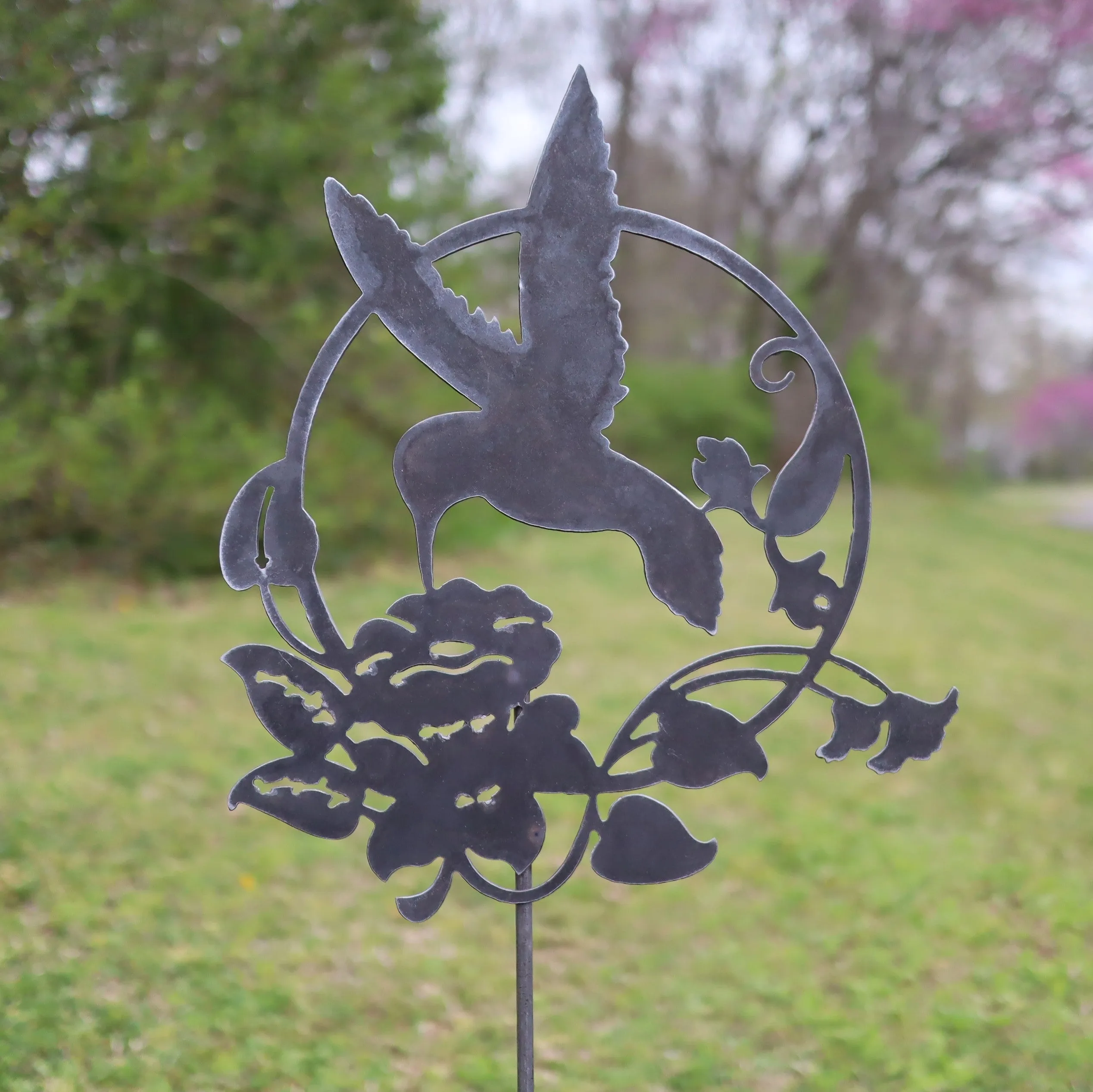 Metal Hummingbird and Flower Garden Stake - Steel Gardening Decor - Bird Yard Art Marker