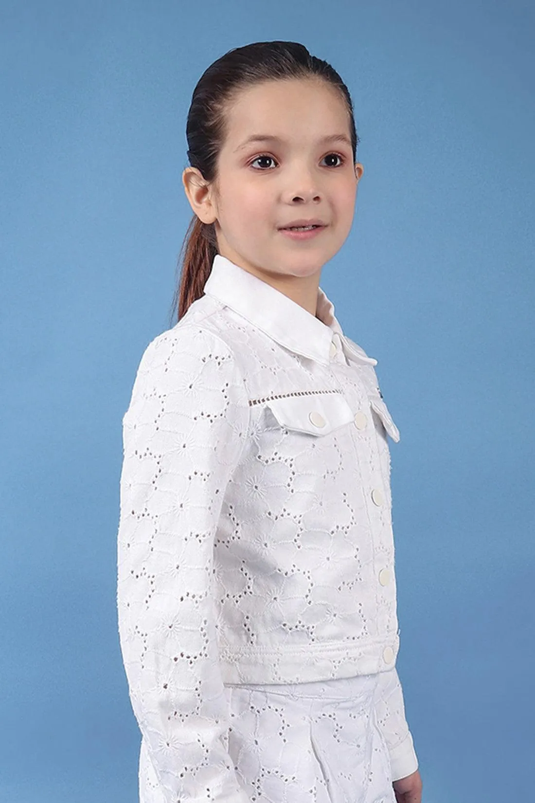 One Friday Kids Girls 100% Cotton White Schiffli Jacket With Lace