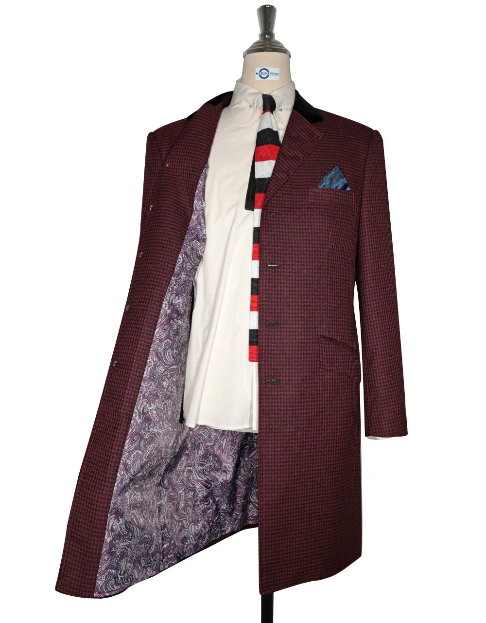 Over Coat Men's | 60s Mod Winter Burgundy Houndstooth Coat