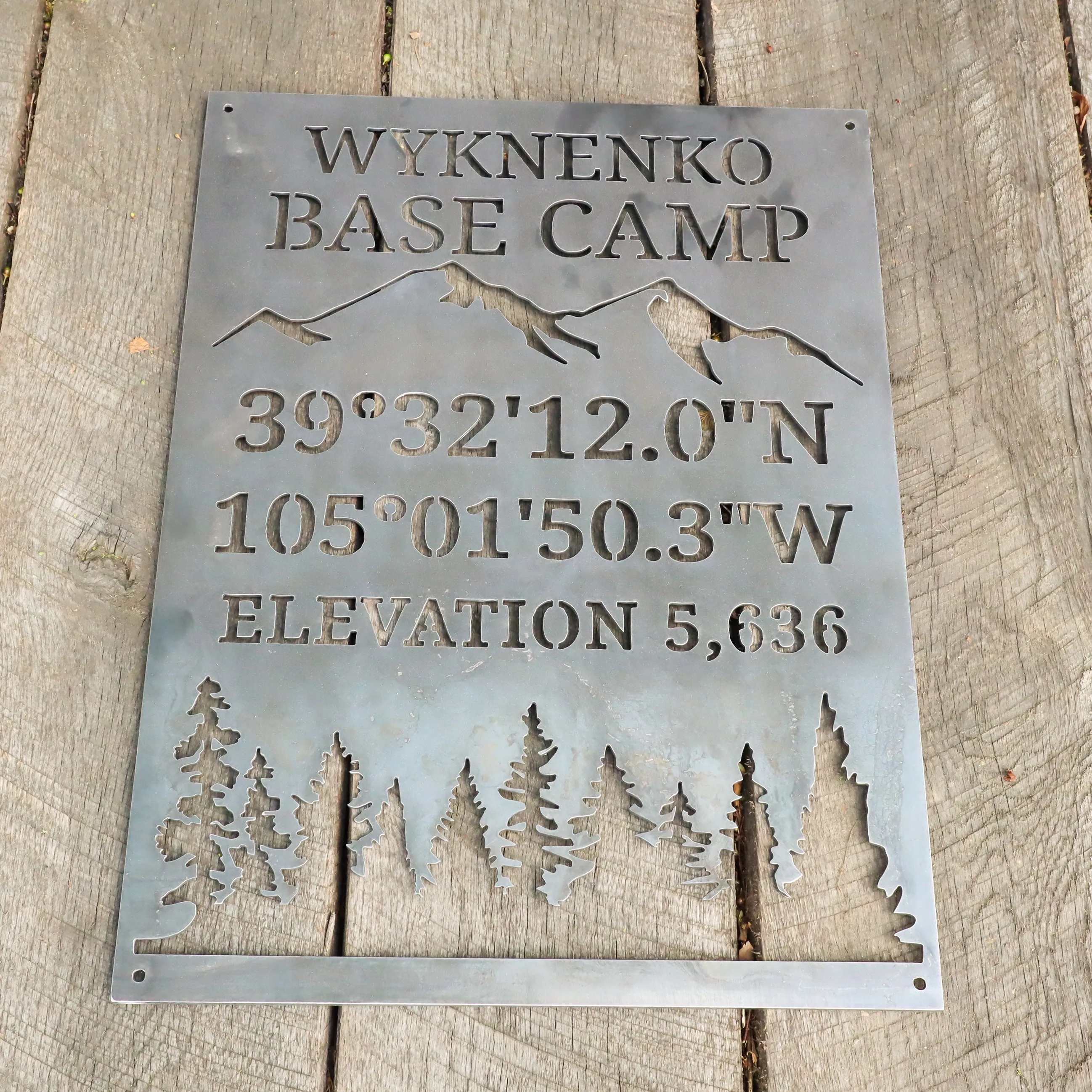 Personalized Base Camp Porch Sign - Custom Metal Mountain and Trees Rustic Interior Decor - Welcome Signs - Wall Art