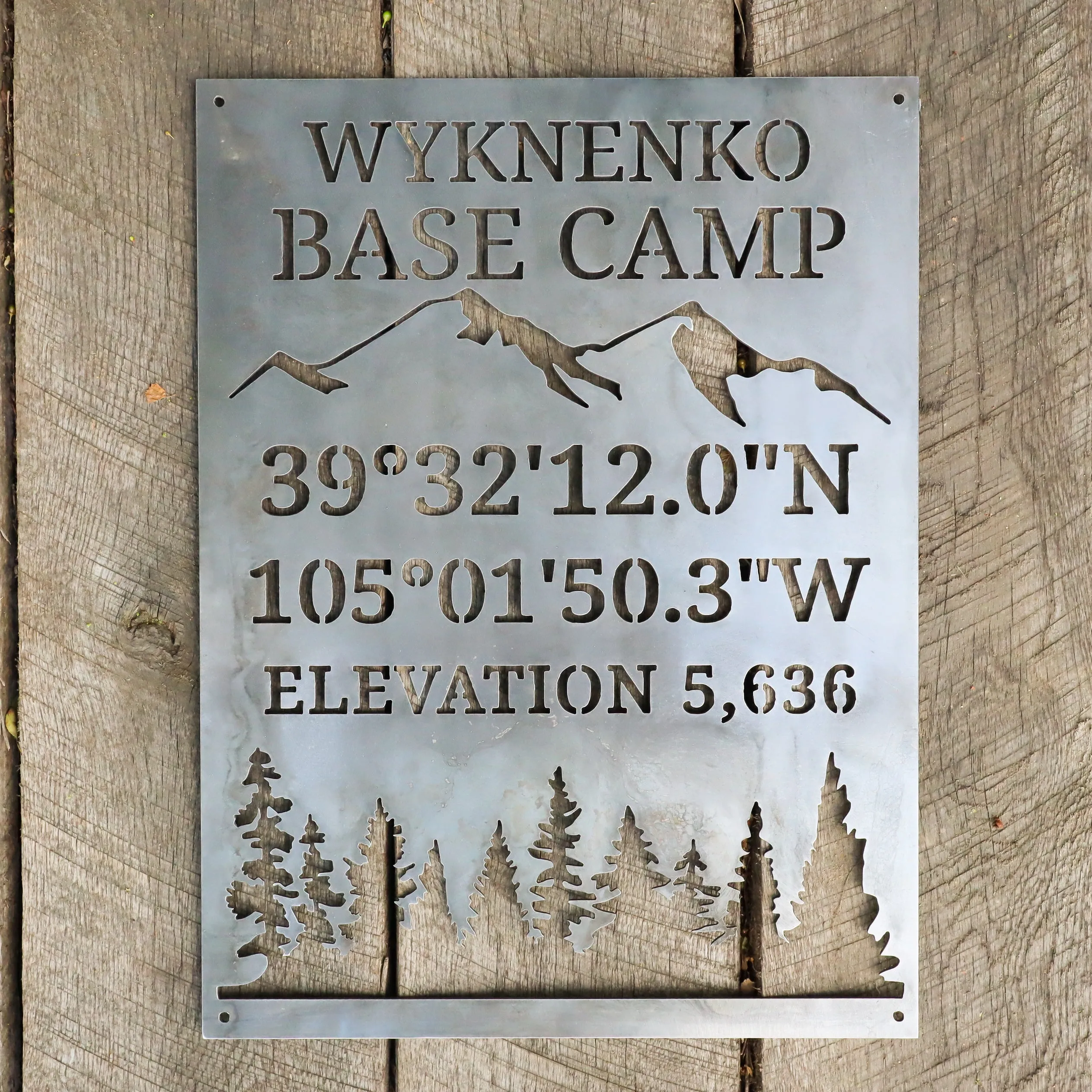 Personalized Base Camp Porch Sign - Custom Metal Mountain and Trees Rustic Interior Decor - Welcome Signs - Wall Art