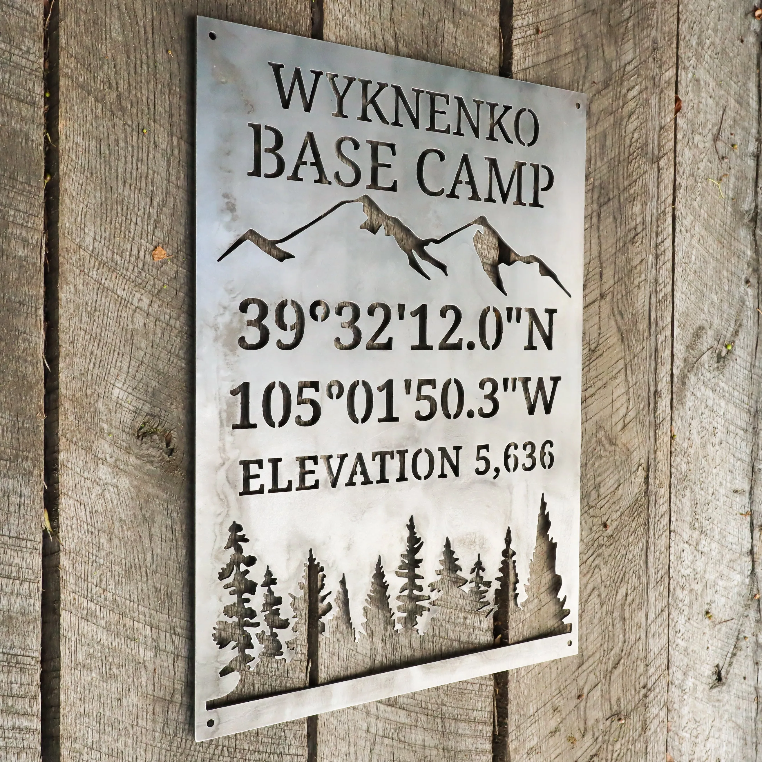 Personalized Base Camp Porch Sign - Custom Metal Mountain and Trees Rustic Interior Decor - Welcome Signs - Wall Art