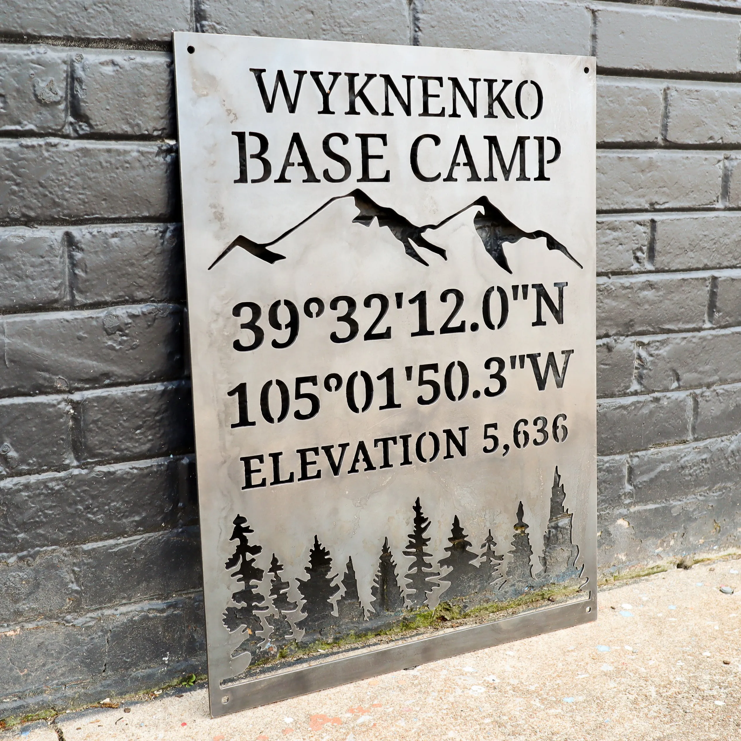 Personalized Base Camp Porch Sign - Custom Metal Mountain and Trees Rustic Interior Decor - Welcome Signs - Wall Art