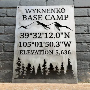 Personalized Base Camp Porch Sign - Custom Metal Mountain and Trees Rustic Interior Decor - Welcome Signs - Wall Art