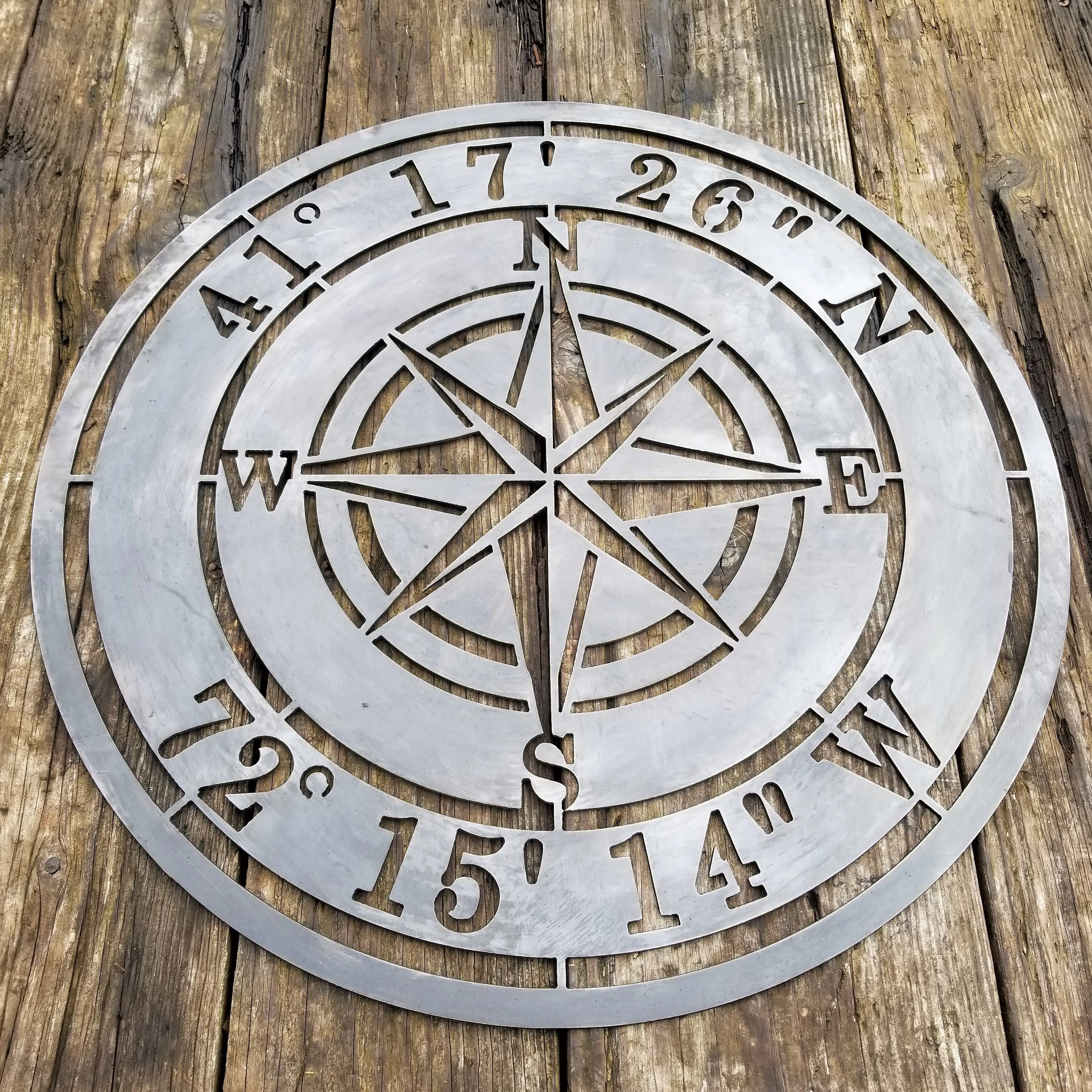 Personalized Compass Rose Metal Sign - Custom Coordinates, Nautical Address Wall Art, Rustic Interior Decor, Garage Signs