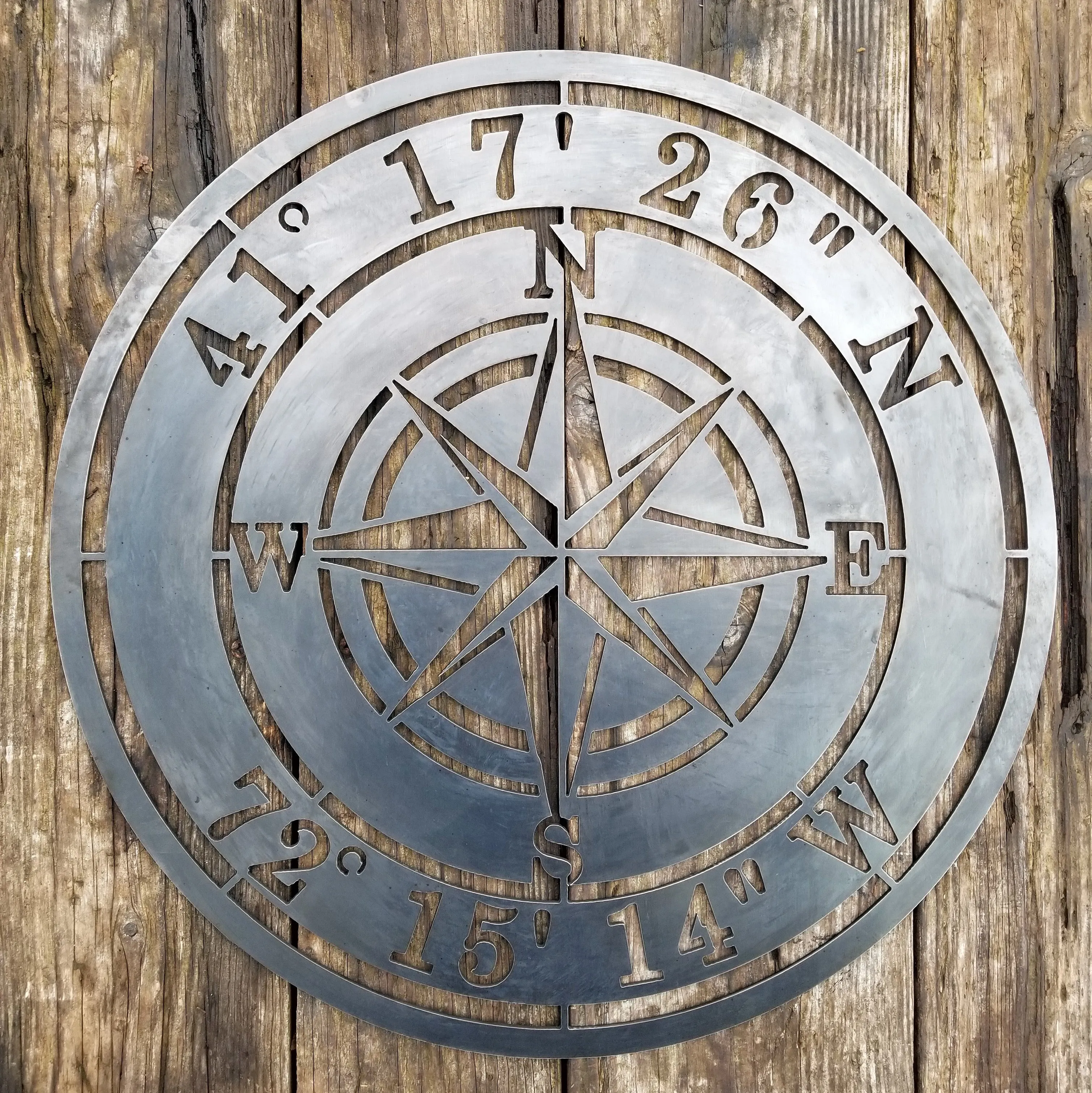 Personalized Compass Rose Metal Sign - Custom Coordinates, Nautical Address Wall Art, Rustic Interior Decor, Garage Signs