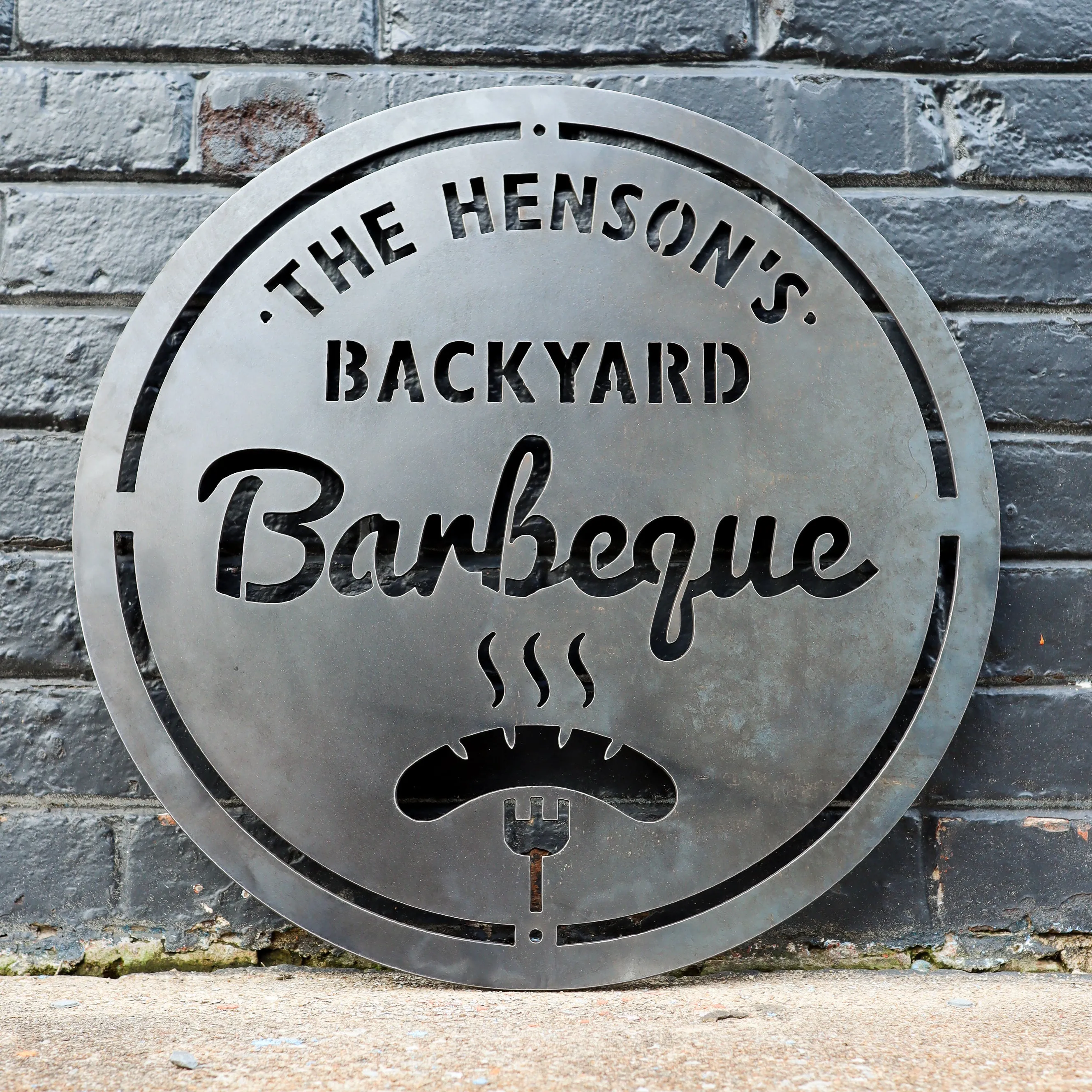 Personalized Metal Family Backyard Barbeque Sign - Outdoor Last Name Grilling BBQ Patio Decor - Man Cave Wall Art