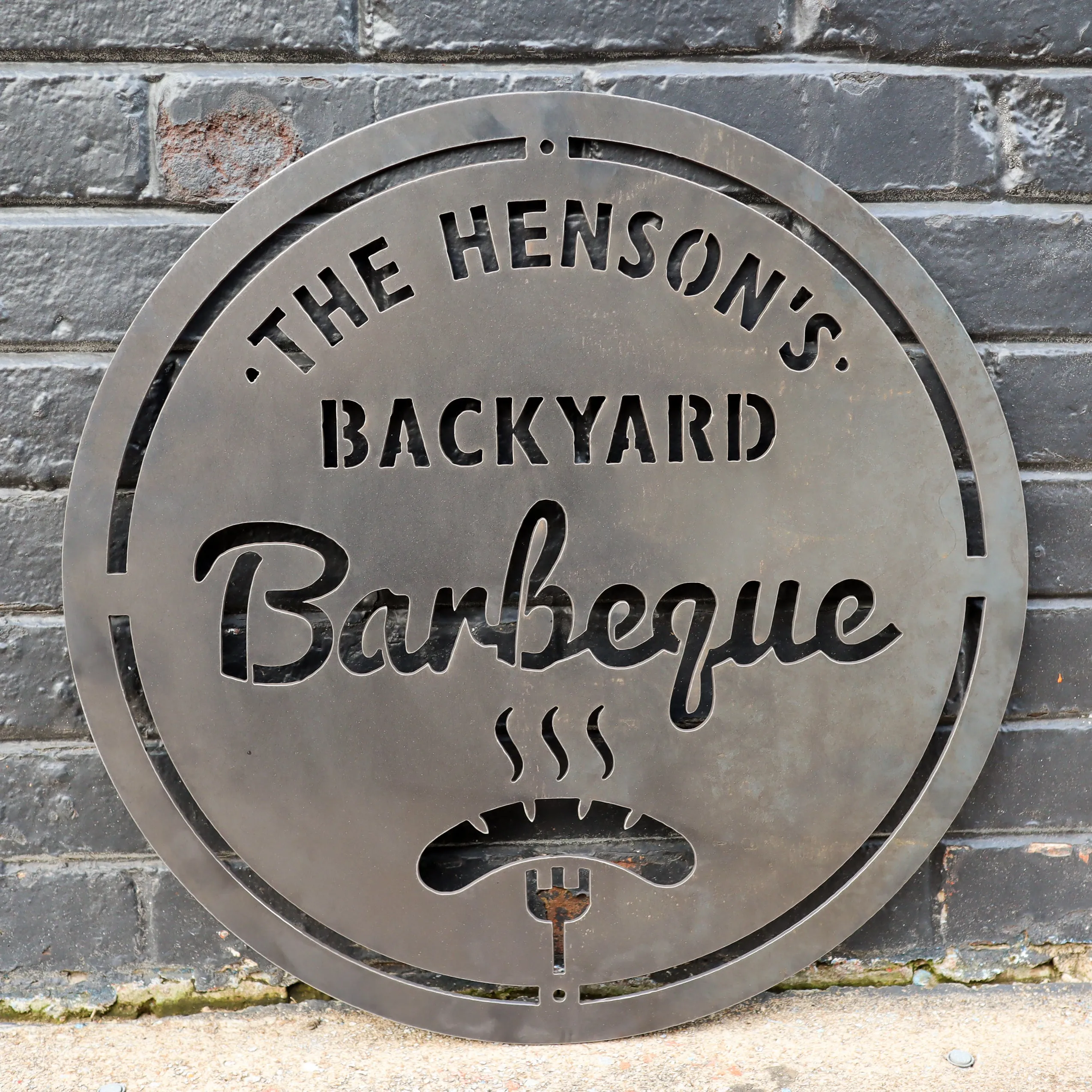 Personalized Metal Family Backyard Barbeque Sign - Outdoor Last Name Grilling BBQ Patio Decor - Man Cave Wall Art