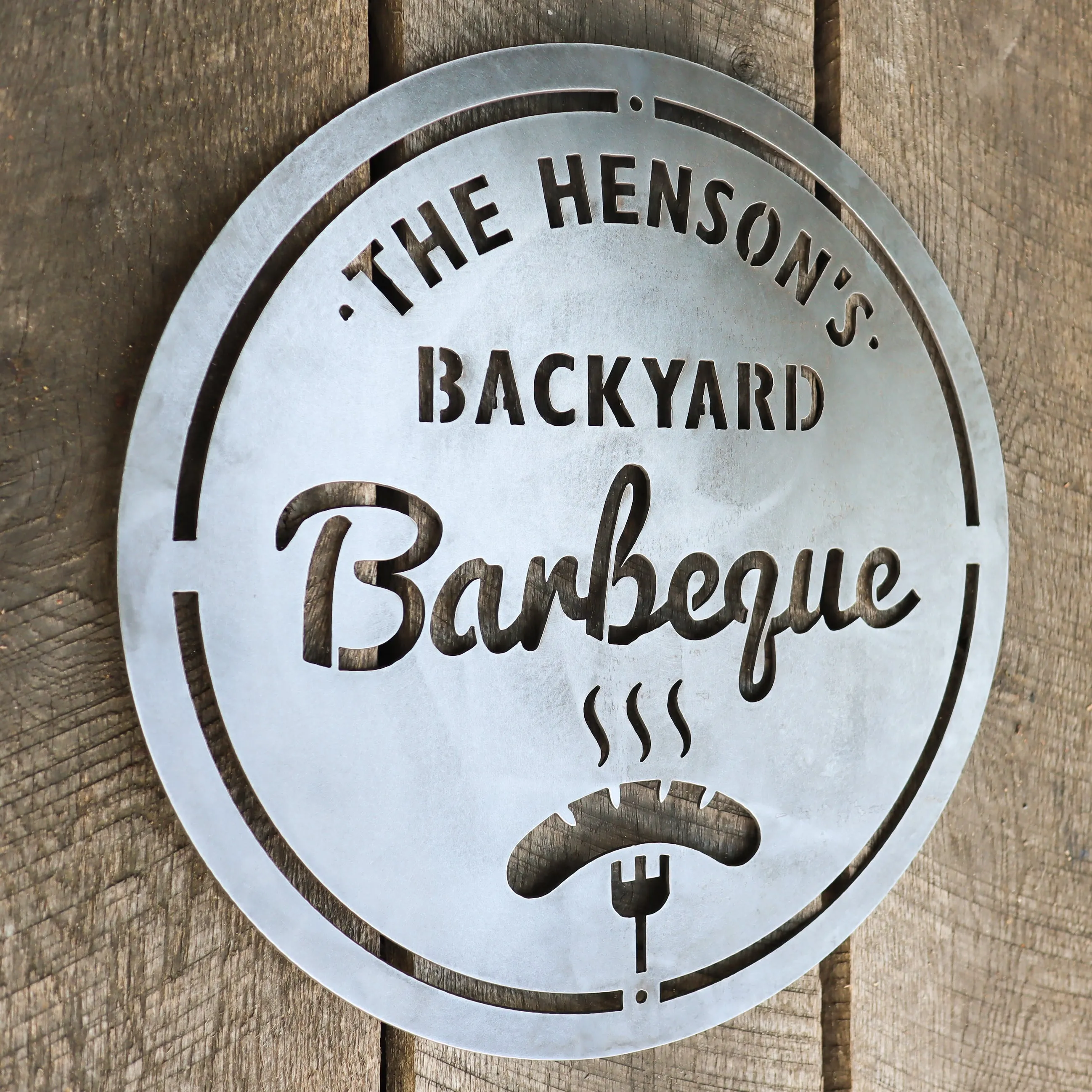 Personalized Metal Family Backyard Barbeque Sign - Outdoor Last Name Grilling BBQ Patio Decor - Man Cave Wall Art