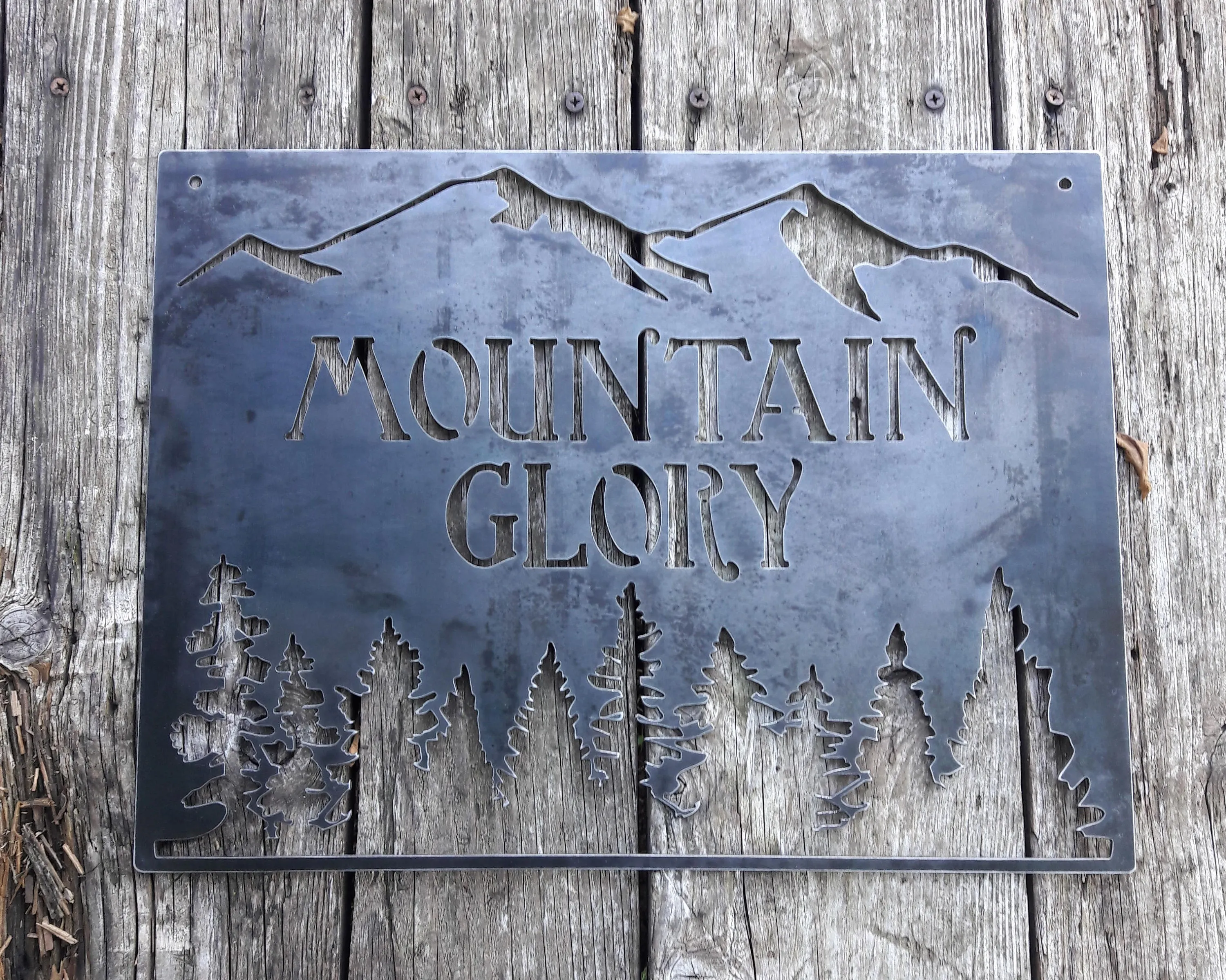 Personalized Metal Mountain Sign - Cabin, Tree House, Clubhouse Wall Art - Mountains, Pine Trees