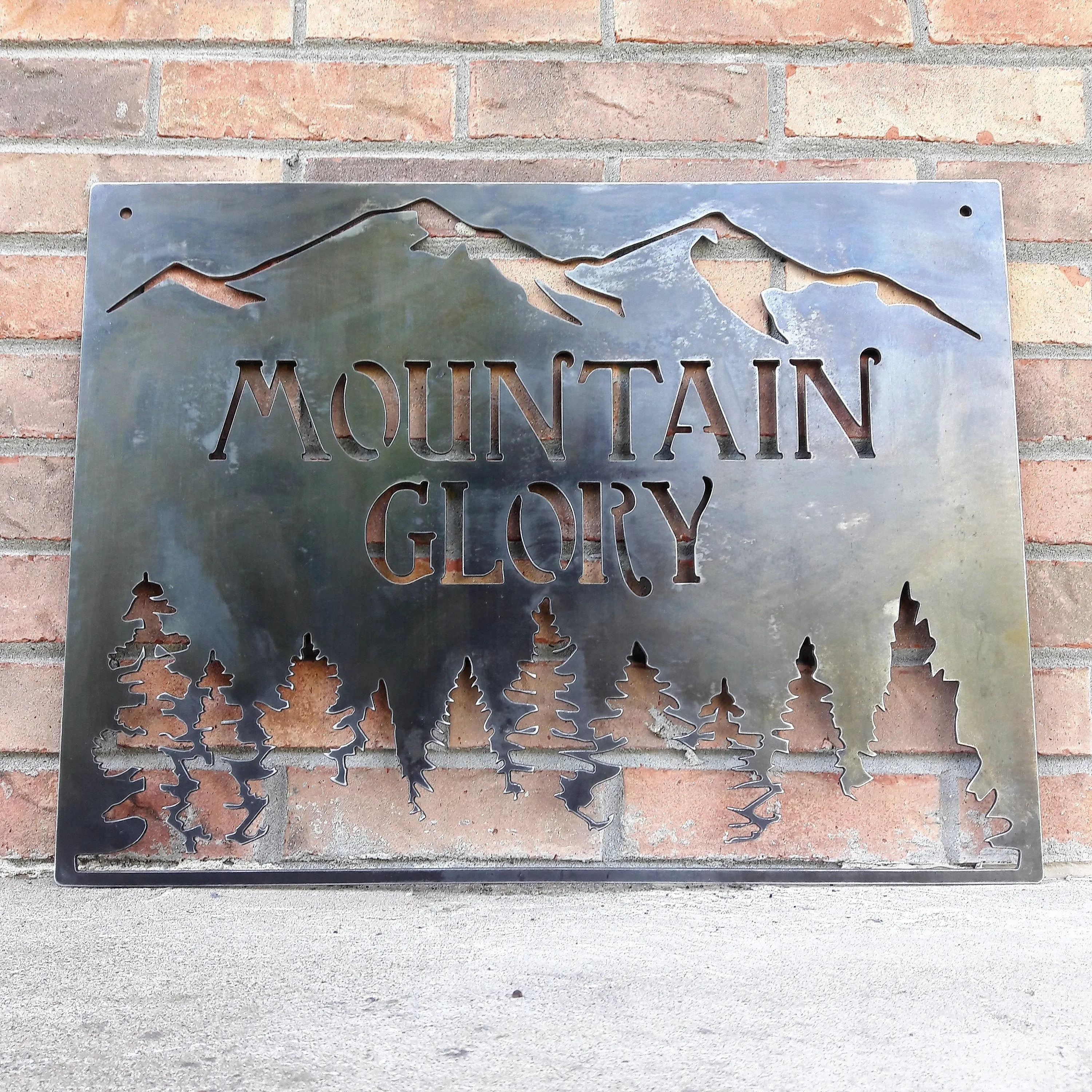 Personalized Metal Mountain Sign - Cabin, Tree House, Clubhouse Wall Art - Mountains, Pine Trees