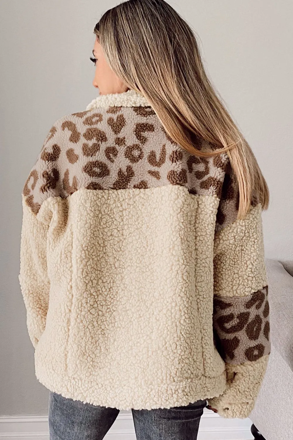 Pocketed Leopard Collared Neck Sherpa Jacket | Winter Fashion | Outerwear