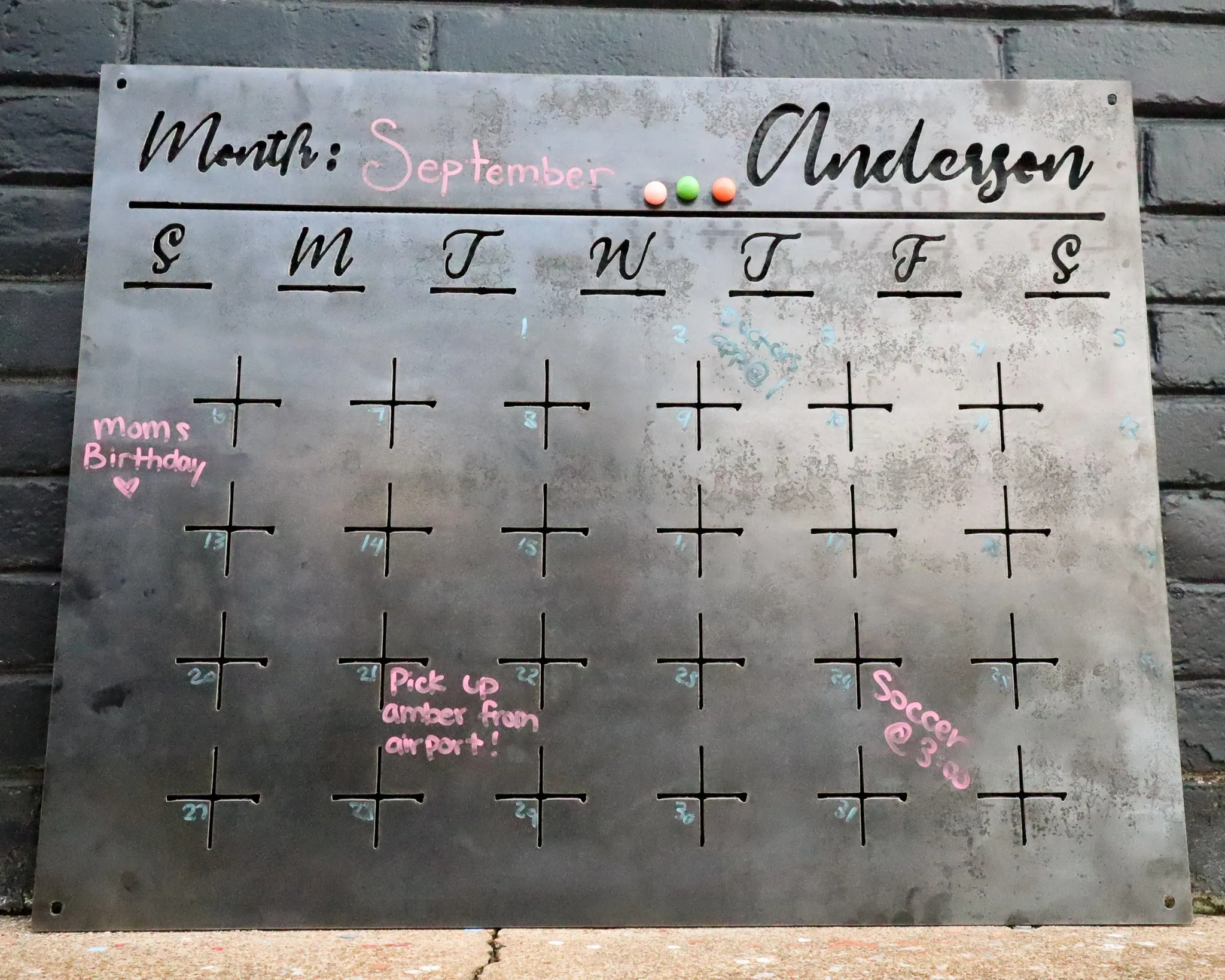 Raw Steel Magnetic Monthly Calendar - Personalized Family Command Center - Dry Erase Planner Board