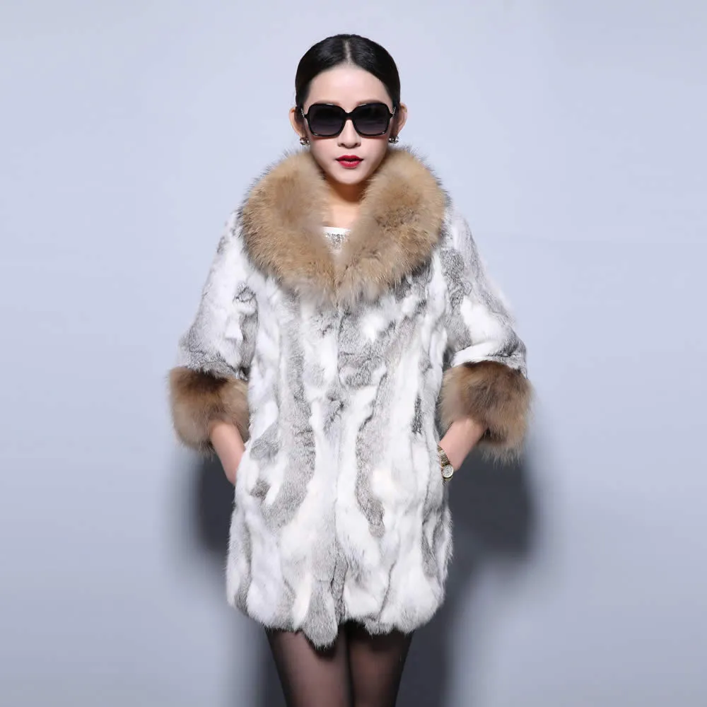 Real Rabbit Fur Coat with Raccoon Fur Collar and Cuff Jacket Overcoat  010130