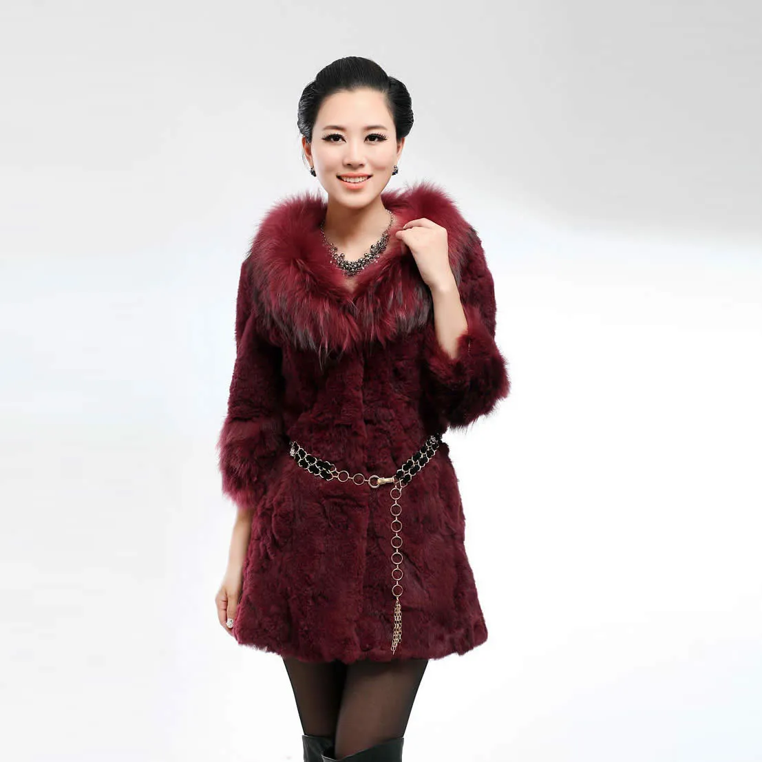 Real Rabbit Fur Coat with Raccoon Fur Collar and Cuff Jacket Overcoat  010130