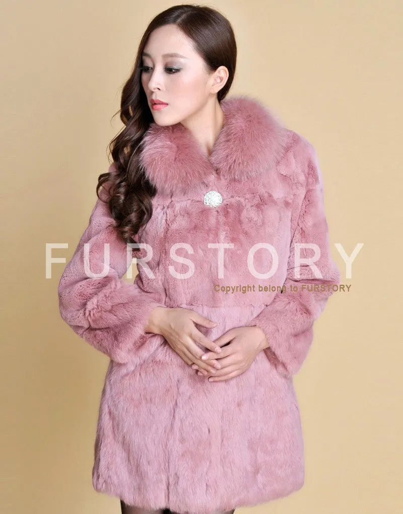 Real REX Rabbit Fur Coat Fox Fur Collar Long Winters' Coat Jacket Women' Overcoat 3 Colors Top Quality Fur FS13064