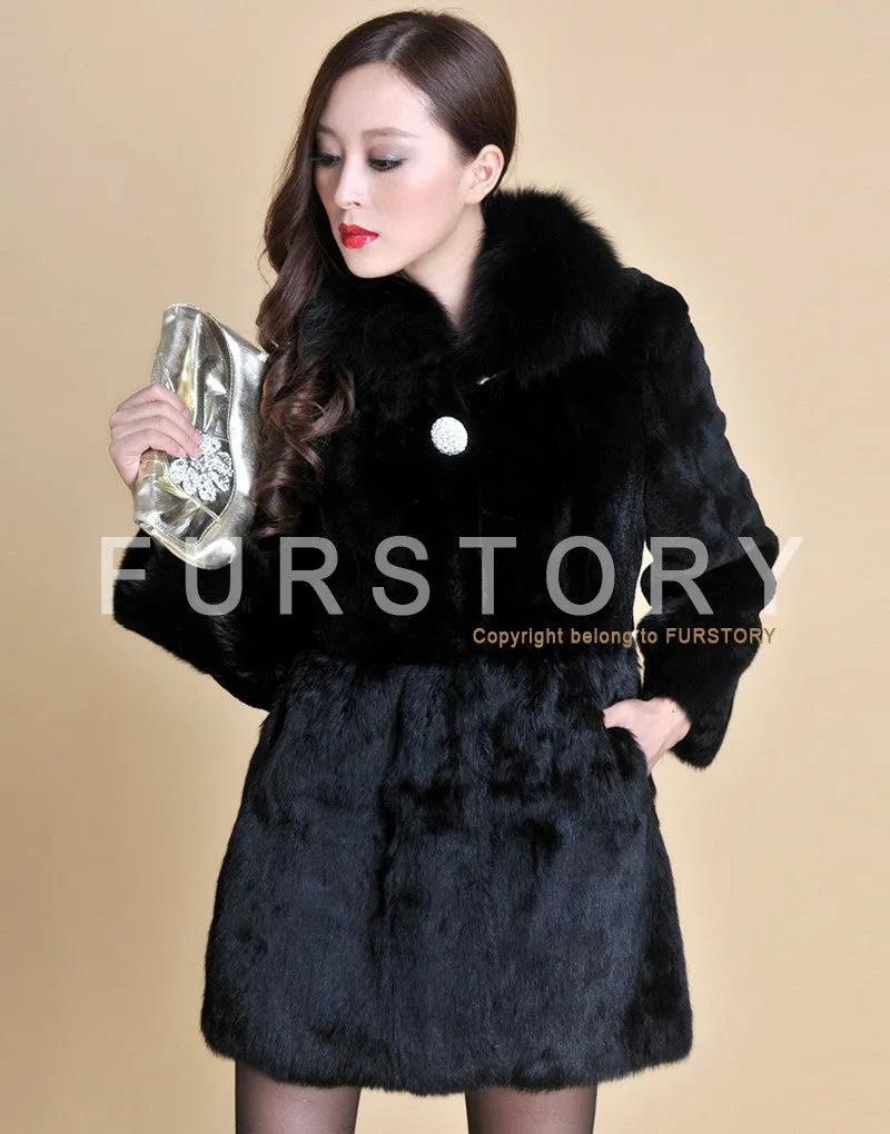 Real REX Rabbit Fur Coat Fox Fur Collar Long Winters' Coat Jacket Women' Overcoat 3 Colors Top Quality Fur FS13064