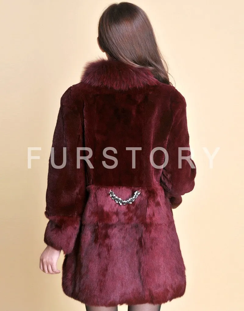 Real REX Rabbit Fur Coat Fox Fur Collar Long Winters' Coat Jacket Women' Overcoat 3 Colors Top Quality Fur FS13064