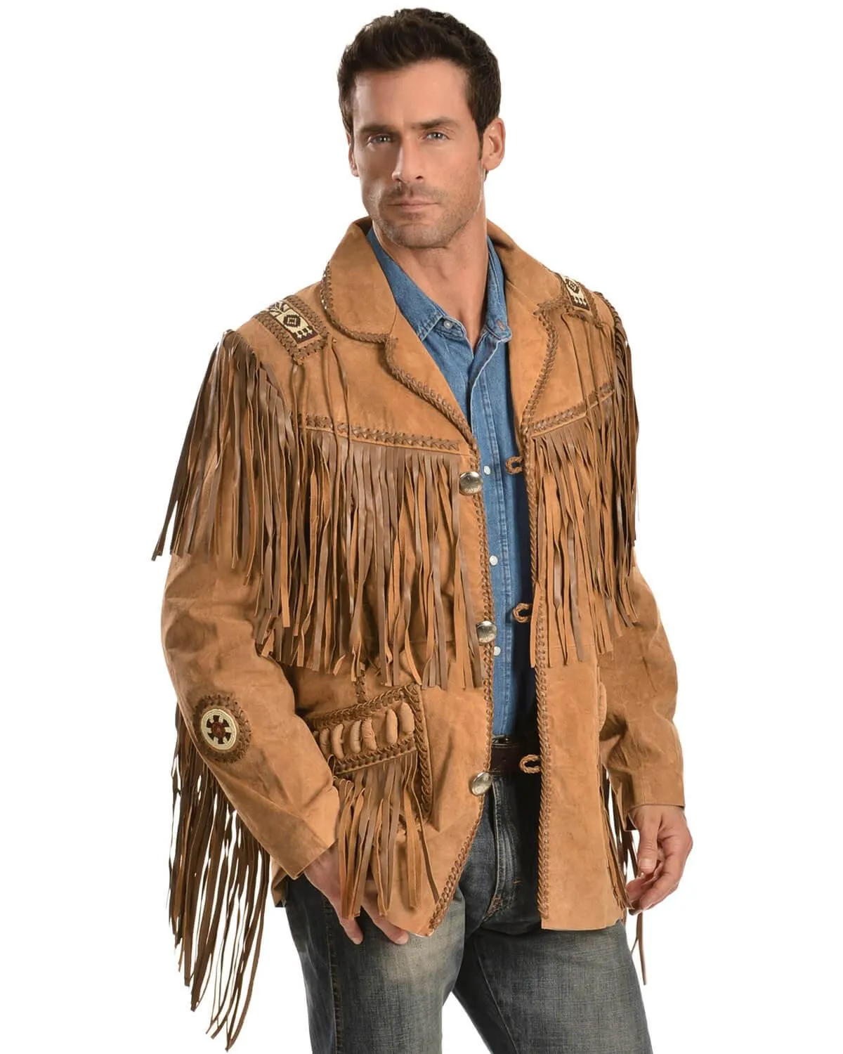 Tan Brown Fringe Leather Jacket Mens