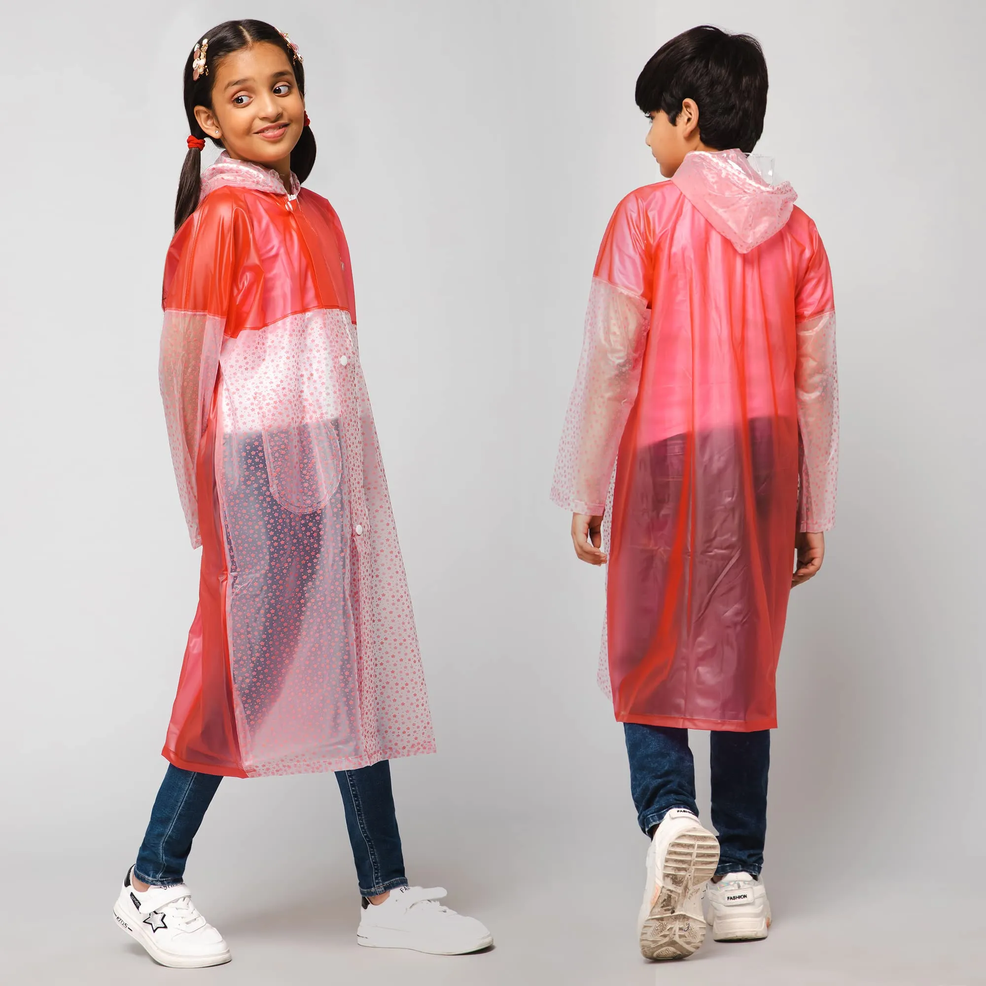 THE CLOWNFISH Misty Magic Series Unisex Kids Waterproof Single Layer PVC Longcoat/Raincoat with Adjustable Hood. Age-4-5 Years (Rose Red)