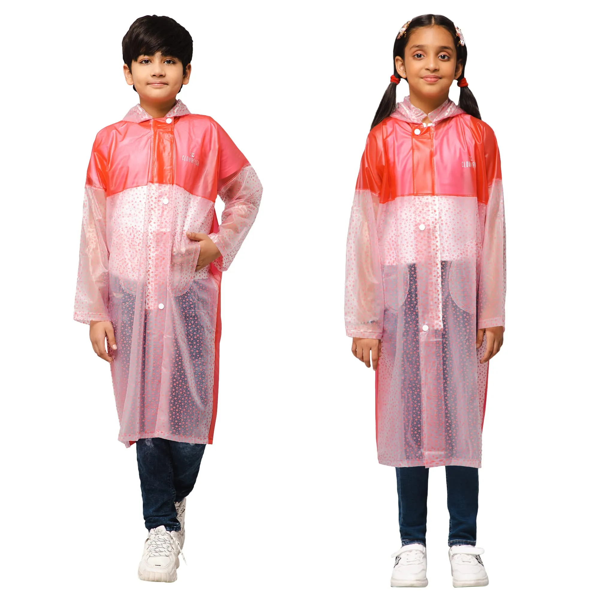 THE CLOWNFISH Misty Magic Series Unisex Kids Waterproof Single Layer PVC Longcoat/Raincoat with Adjustable Hood. Age-4-5 Years (Rose Red)