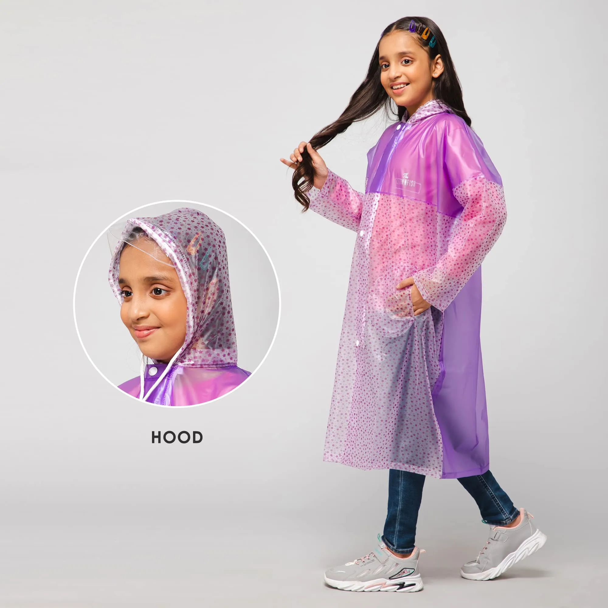 THE CLOWNFISH Misty Magic Series Unisex Kids Waterproof Single Layer PVC Longcoat/Raincoat with Adjustable Hood. Age-5-6 Years (Purple)