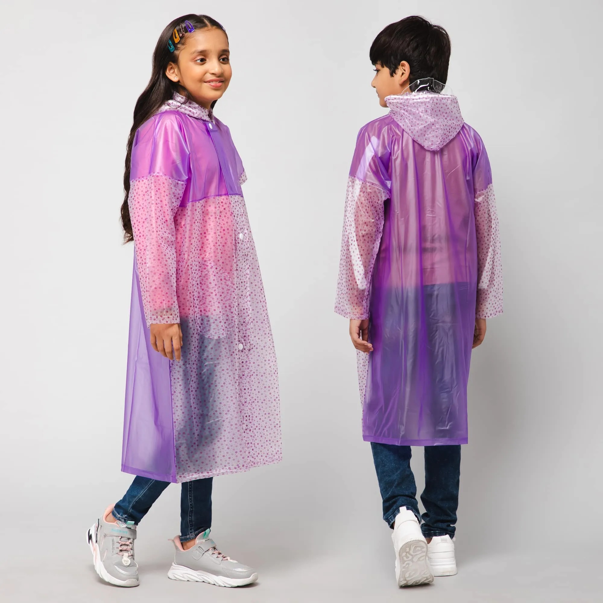 THE CLOWNFISH Misty Magic Series Unisex Kids Waterproof Single Layer PVC Longcoat/Raincoat with Adjustable Hood. Age-5-6 Years (Purple)