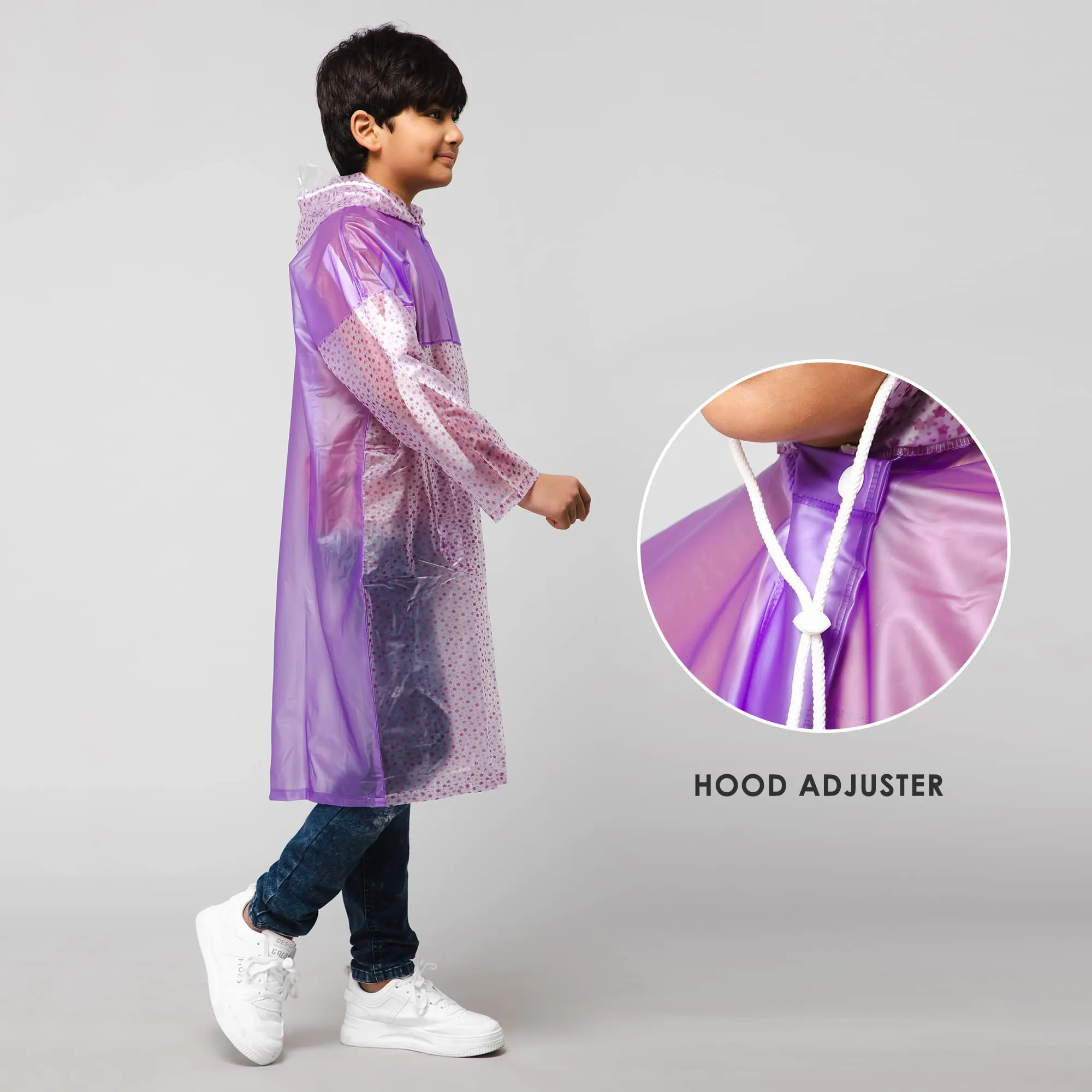 THE CLOWNFISH Misty Magic Series Unisex Kids Waterproof Single Layer PVC Longcoat/Raincoat with Adjustable Hood. Age-5-6 Years (Purple)