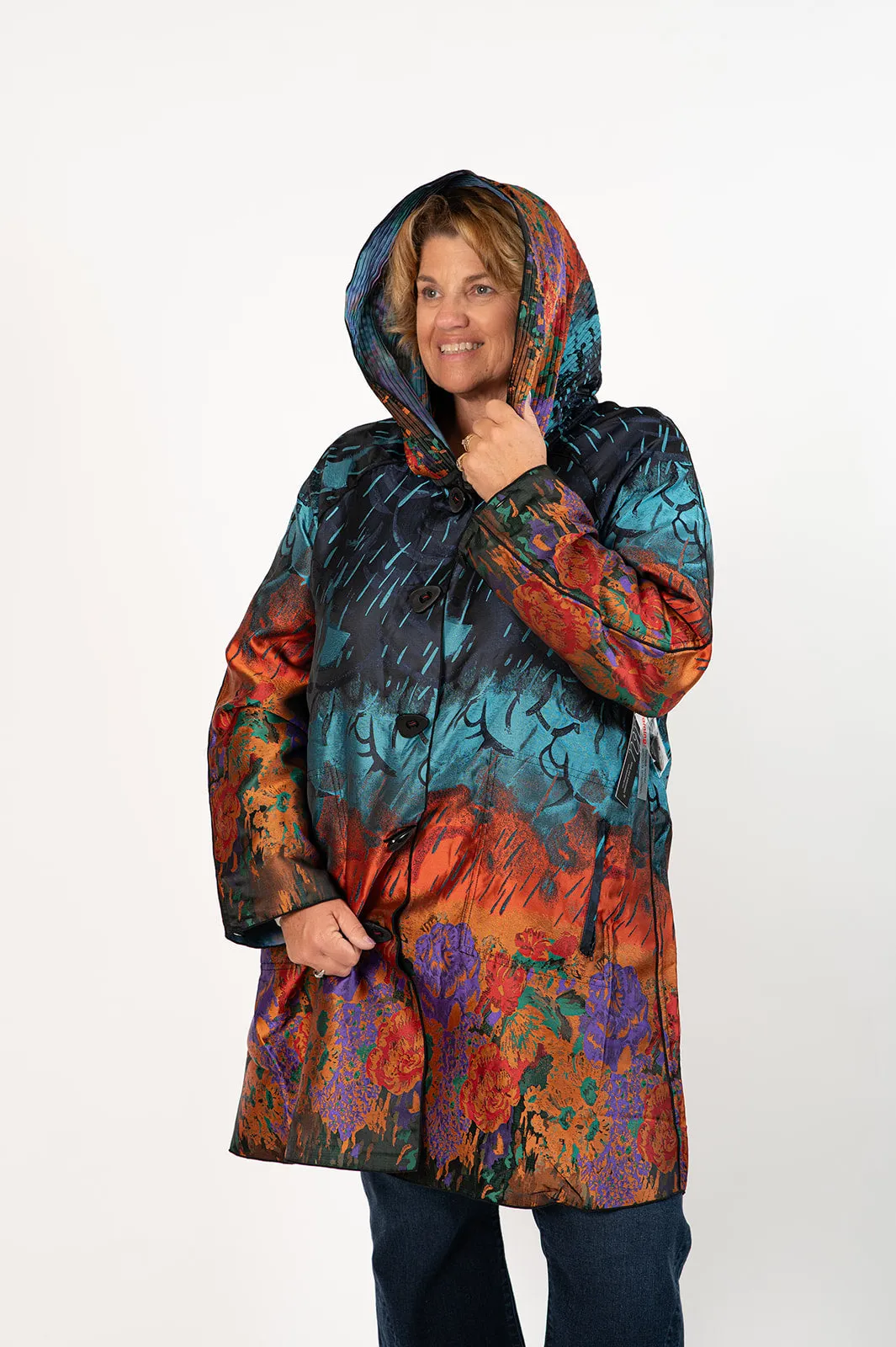 UbU Reversible Button Front Hooded Parisian Raincoat - Fall Storm