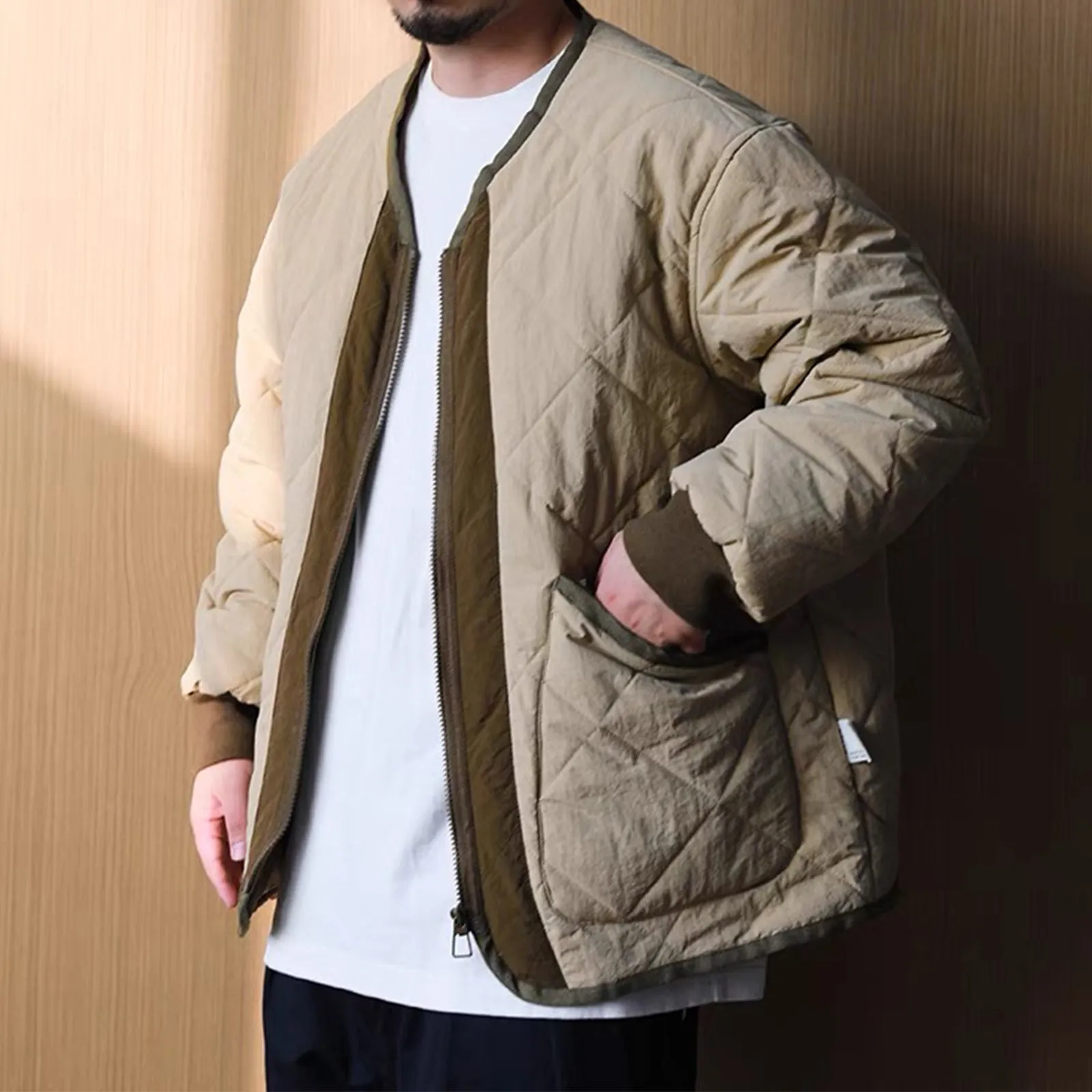 V-neck Workwear Retro Jacket With Contrasting Colors Spring And Autumn Cotton Coat For Men