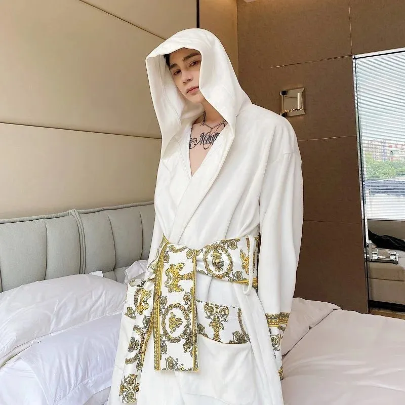 Winter Thickened Comfortable Velvet Light Luxury Hooded Long Nightgown Men's Fashion Robes Belted Warm Clothes 9Y9924