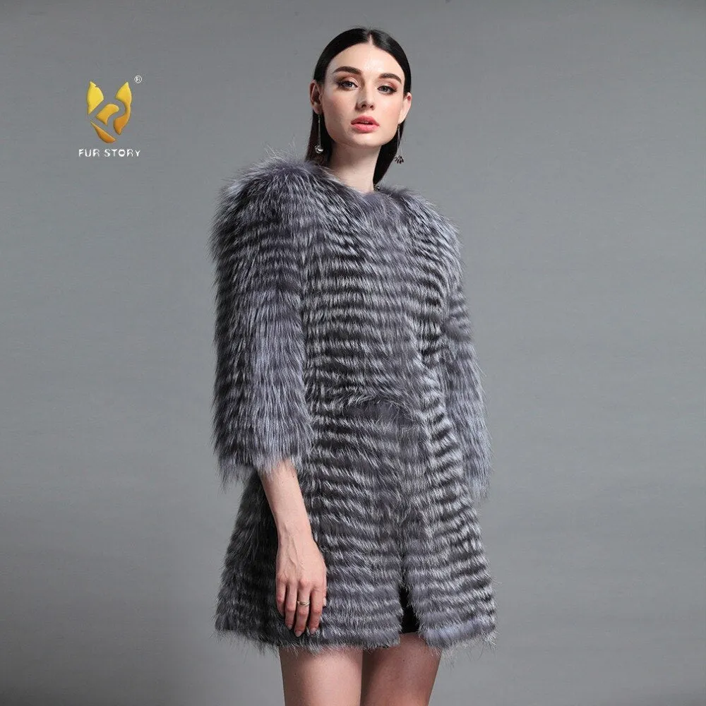 Women's Genuine Fox Fur Coat Women Stripe Outerwear 151213