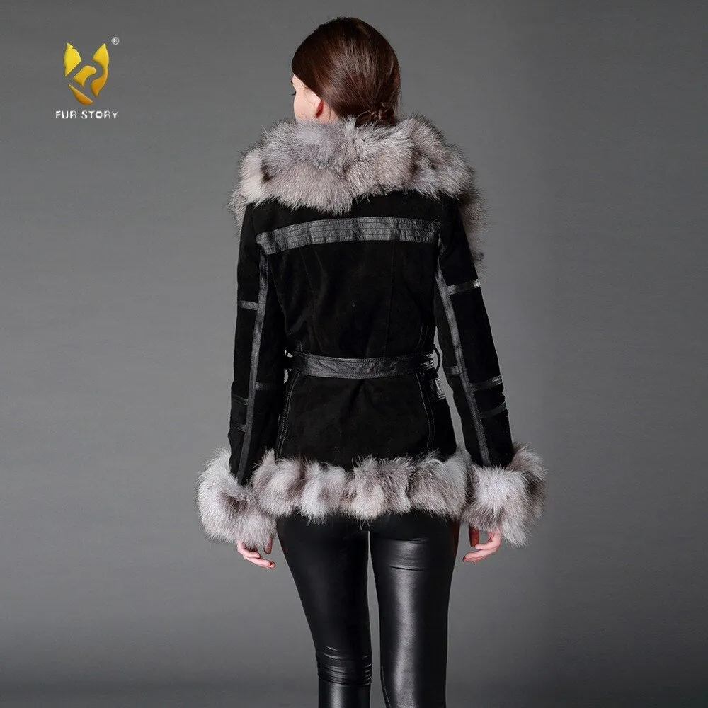 Women's Genuine Leather Fur Coat Women Fox Fur Collar  13055