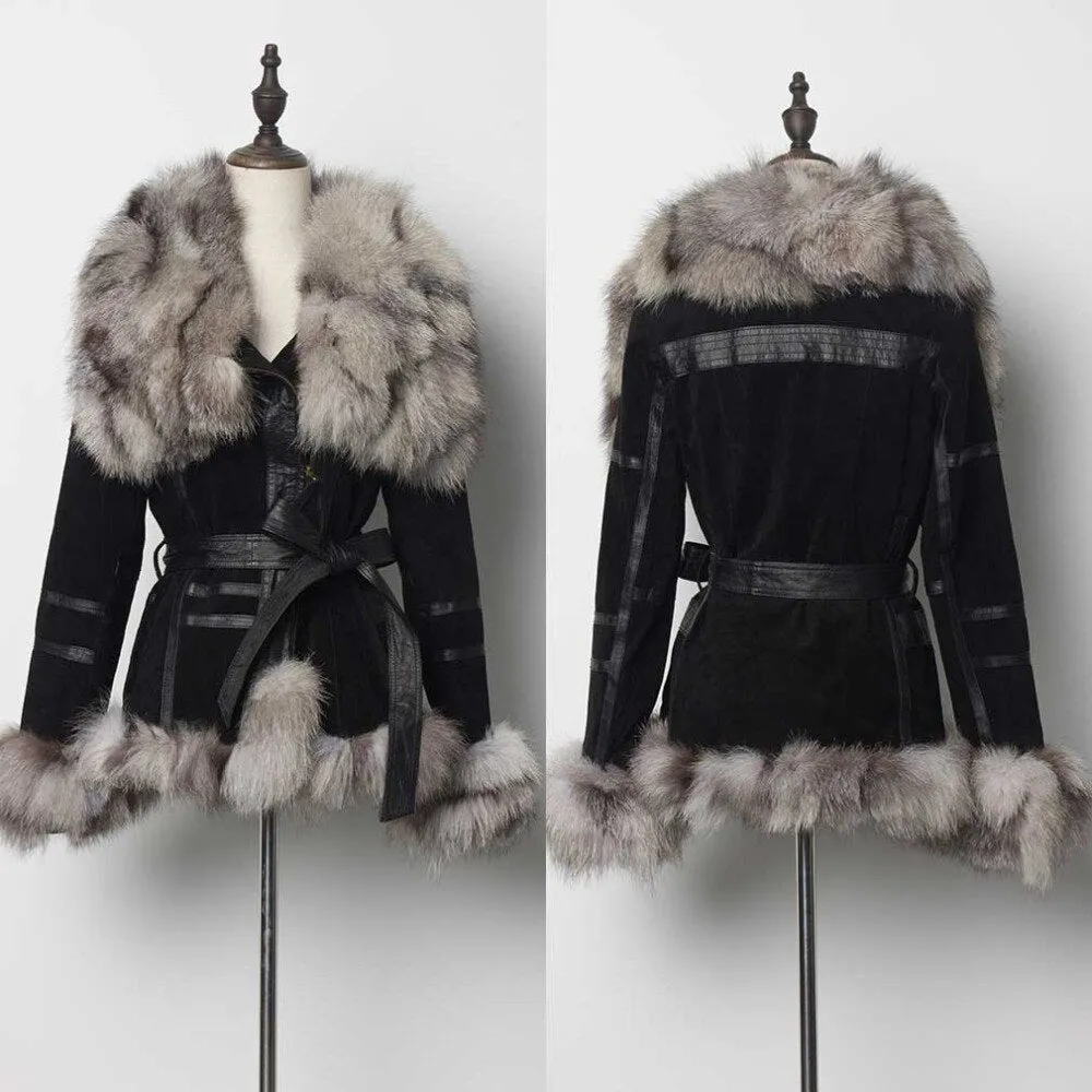 Women's Genuine Leather Fur Coat Women Fox Fur Collar  13055