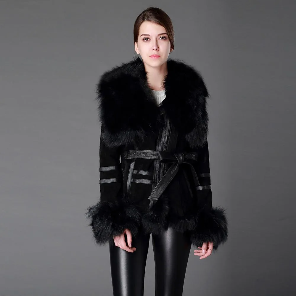 Women's Genuine Leather Fur Coat Women Fox Fur Collar  13055