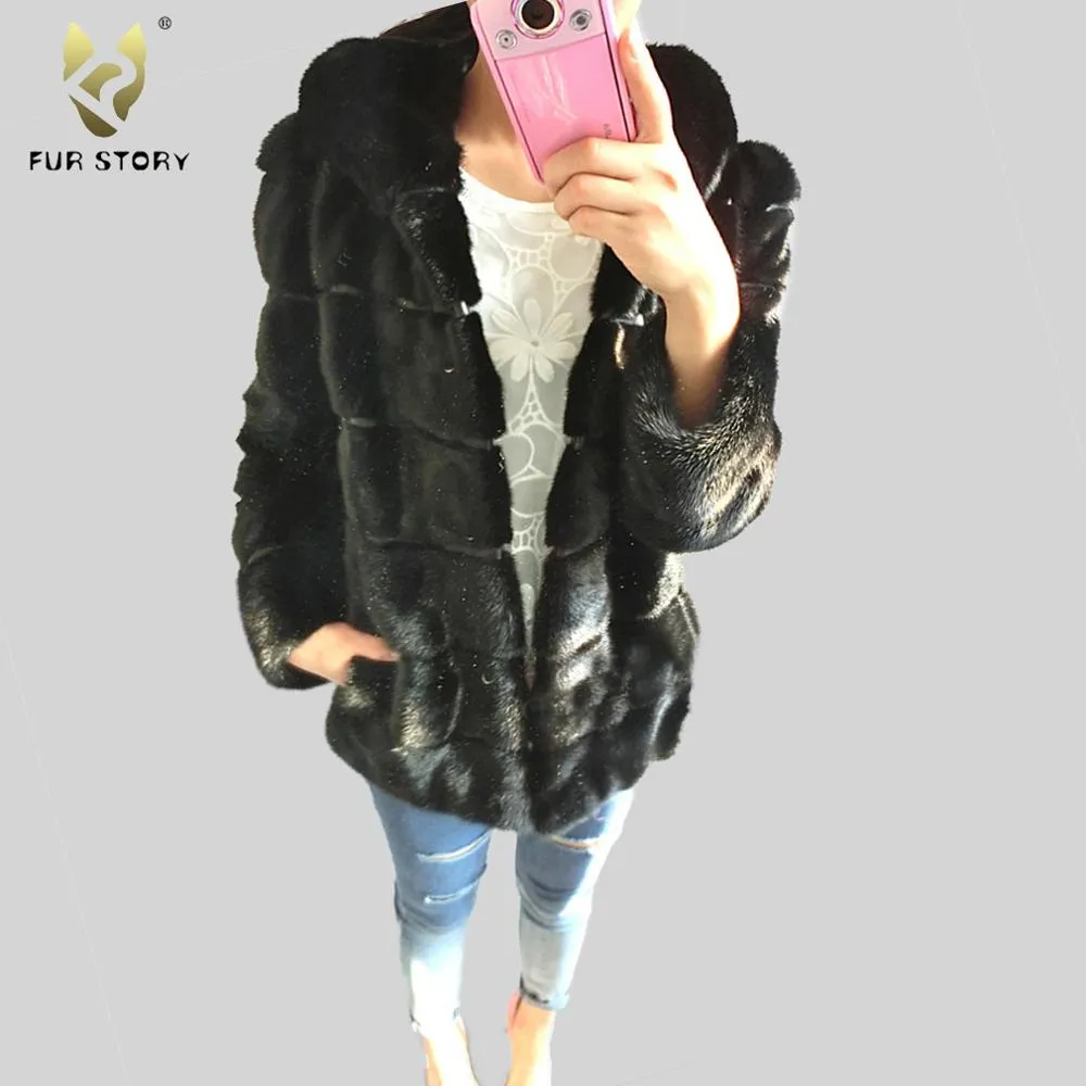 Women's Genuine Mink Fur Coat Women with Hood Striped Fur Jacket  16153