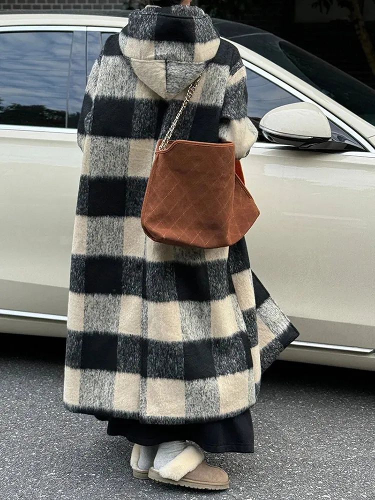 Women's Plaid Long Hooded Wool Blend Trench Coat