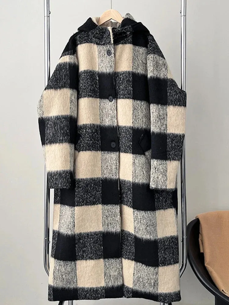 Women's Plaid Long Hooded Wool Blend Trench Coat