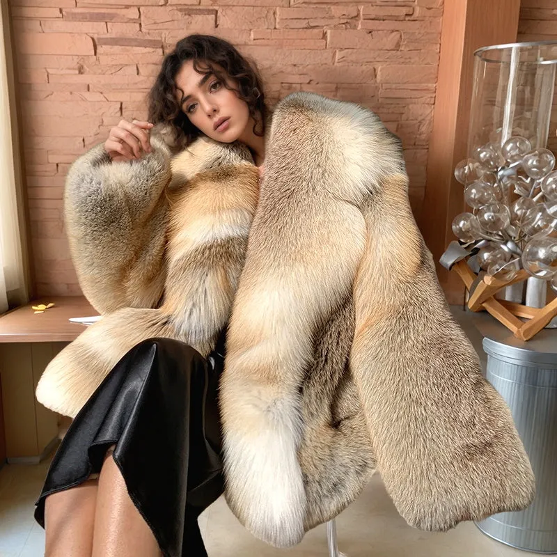 Women's Real Fox Fur Coat with Fur Collar - Golden Island FOX - G002